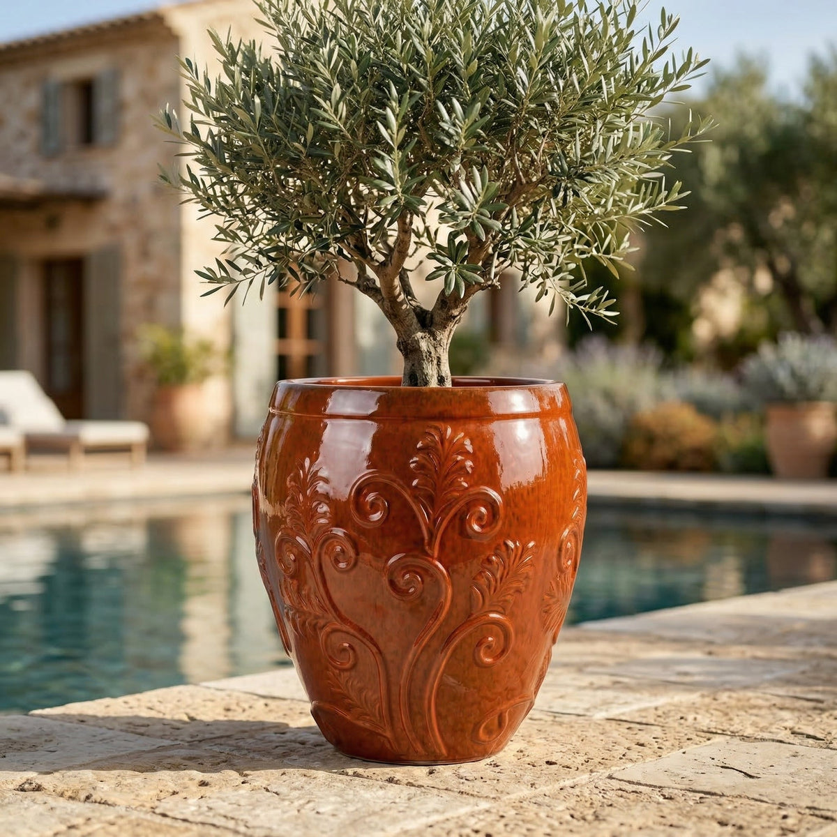 Vaso Gaia 75x78 cm arancione tropicale in ceramica smaltata, con un ulivo vicino alla piscina