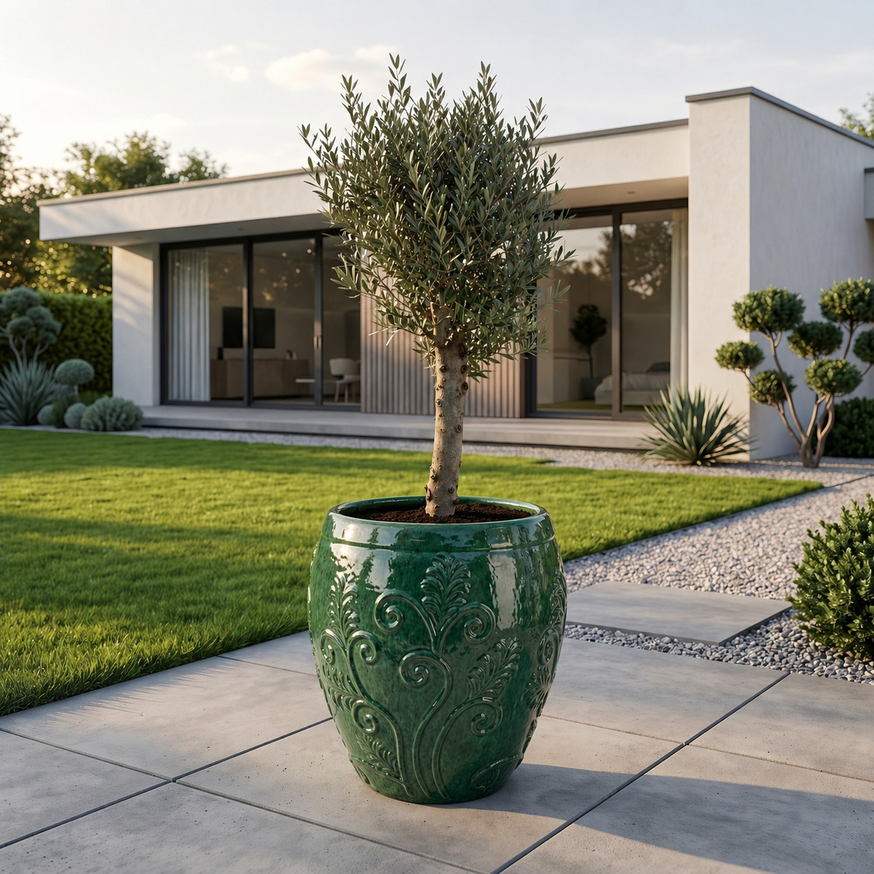 Lot olivier + pot GAIA 75x78cm jade, fait main en terre cuite émaillée