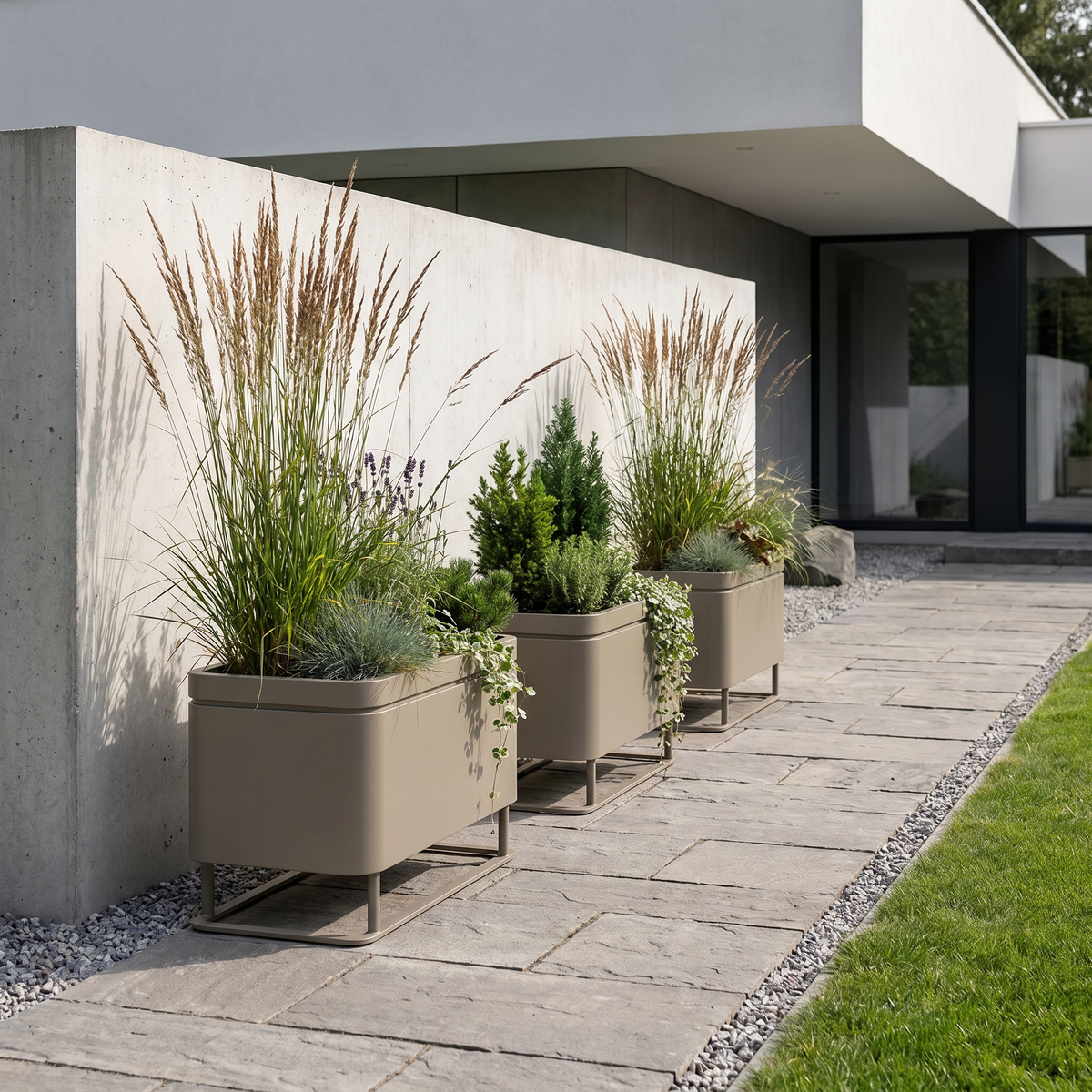 Jardinière Grandiosa rectangle 40x50 cm champagne en acier galvanisé, jardinières plantées devant une maison