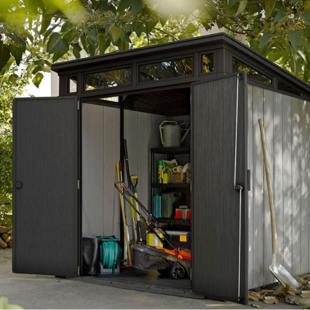 Abri ARTISAN gris portes ouvertes avec outils et étagères de rangement