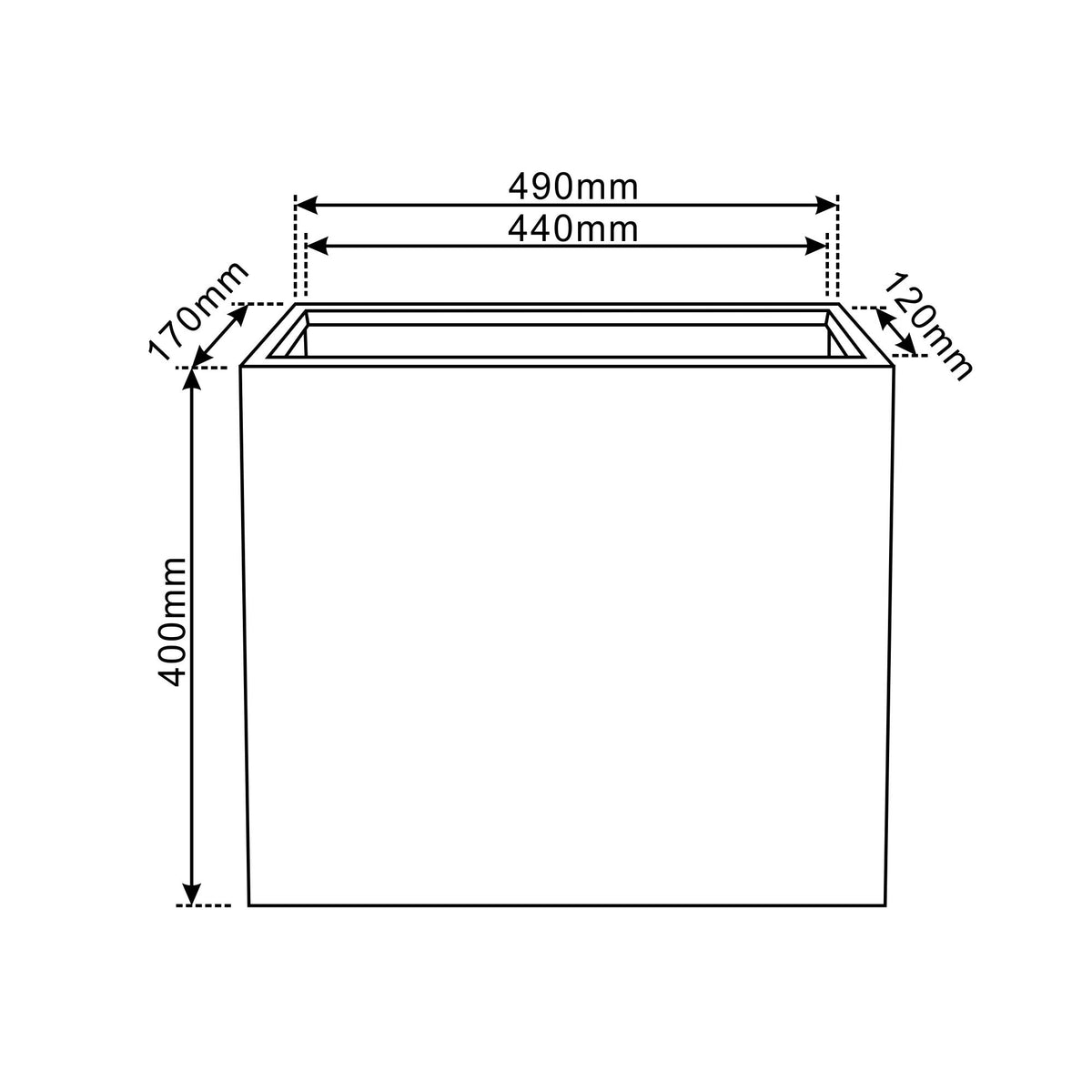 Horizon planter Dark Grey in fibre concrete, diagram with dimensions
