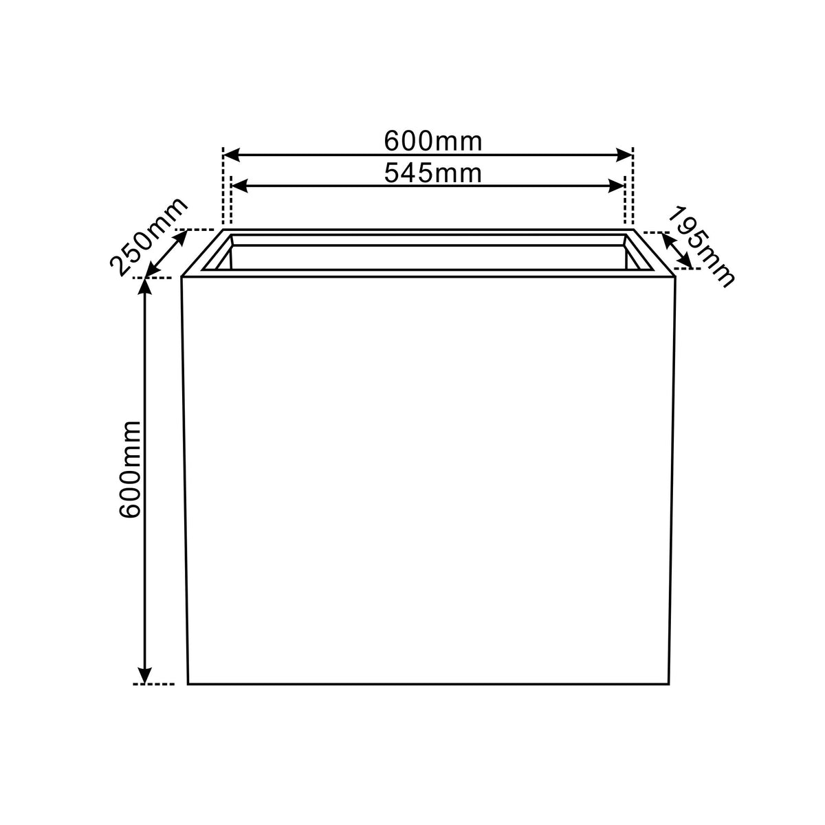 Horizon planter Dark Grey in fibre concrete, dimensioned front diagram