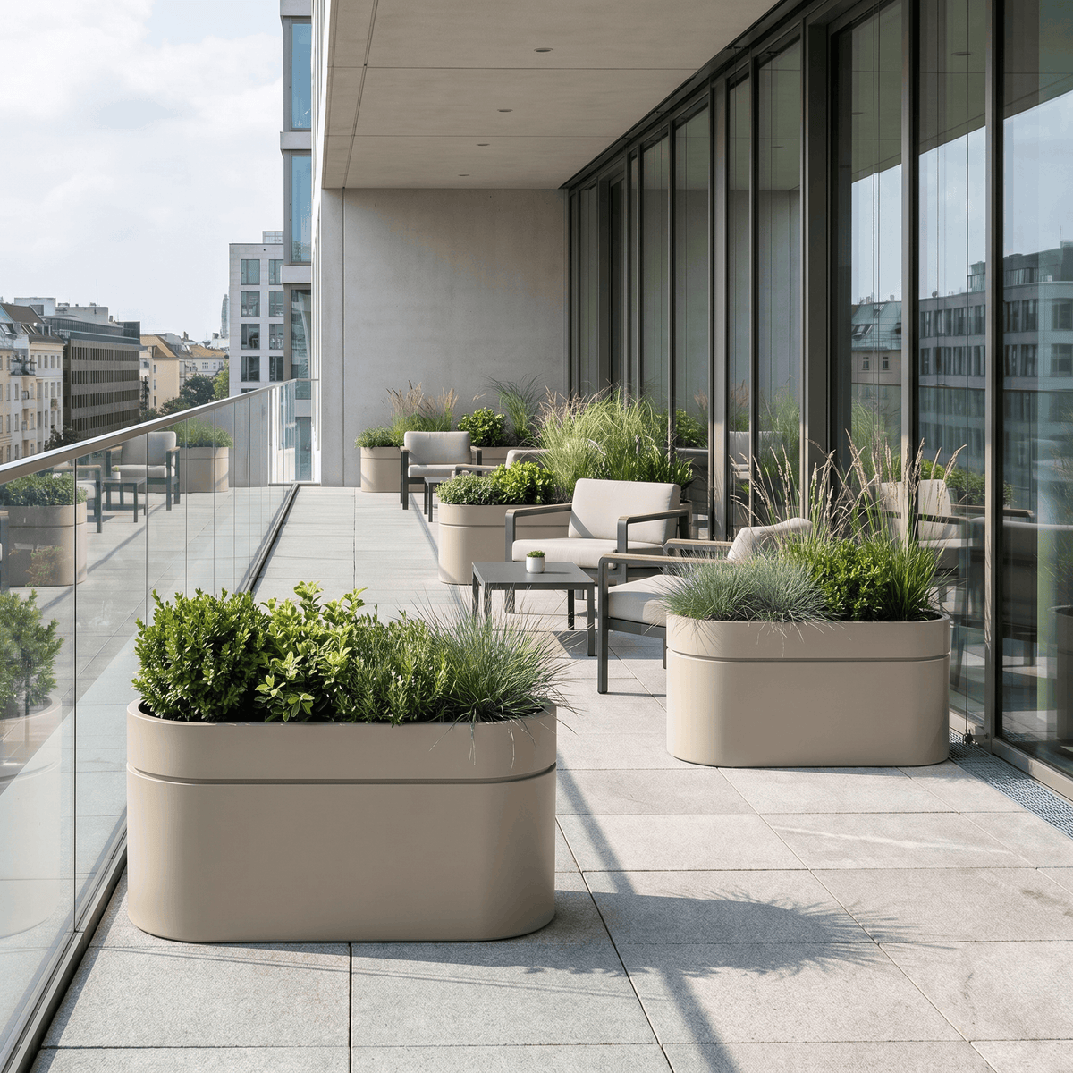 Fioriera Infinity line 40x60 cm champagne in acciaio zincato, con graminacee su un balcone