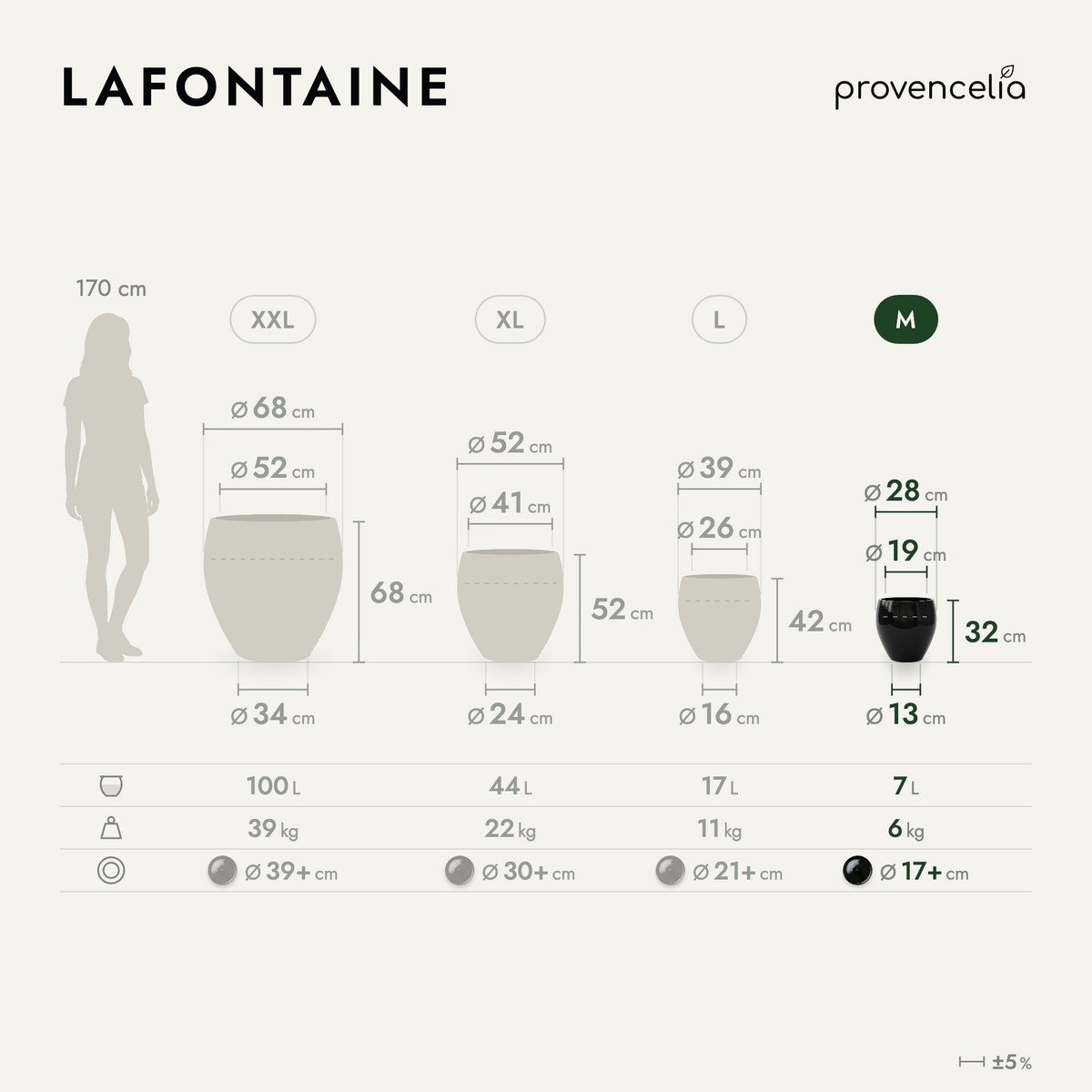 Vaso LAFONTAINE rotondo 23x35 cm nero in ceramica smaltata, schema delle dimensioni
