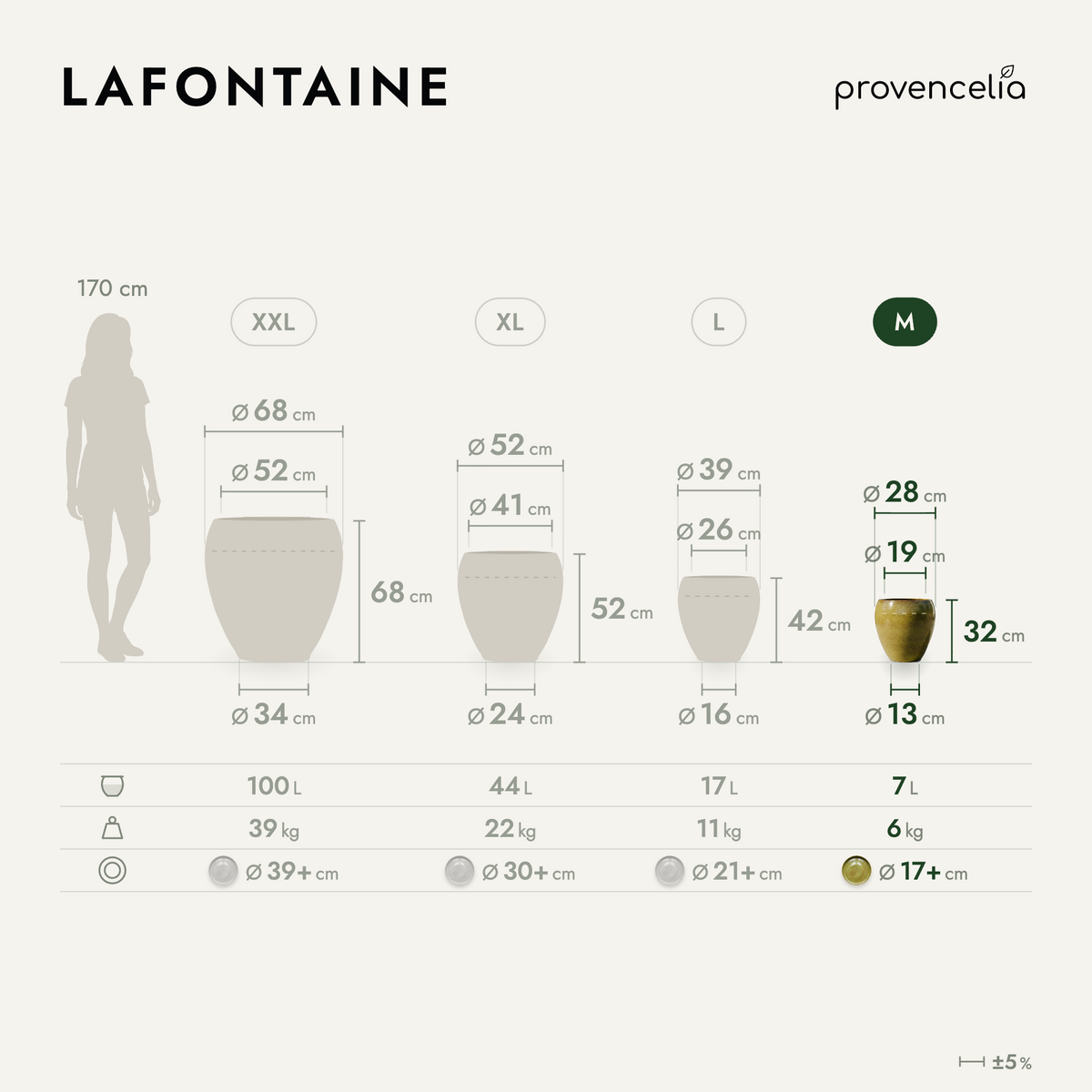 Vaso LAFONTAINE decorativo 23x35 cm verde lago in ceramica smaltata, schema delle dimensioni e dei formati