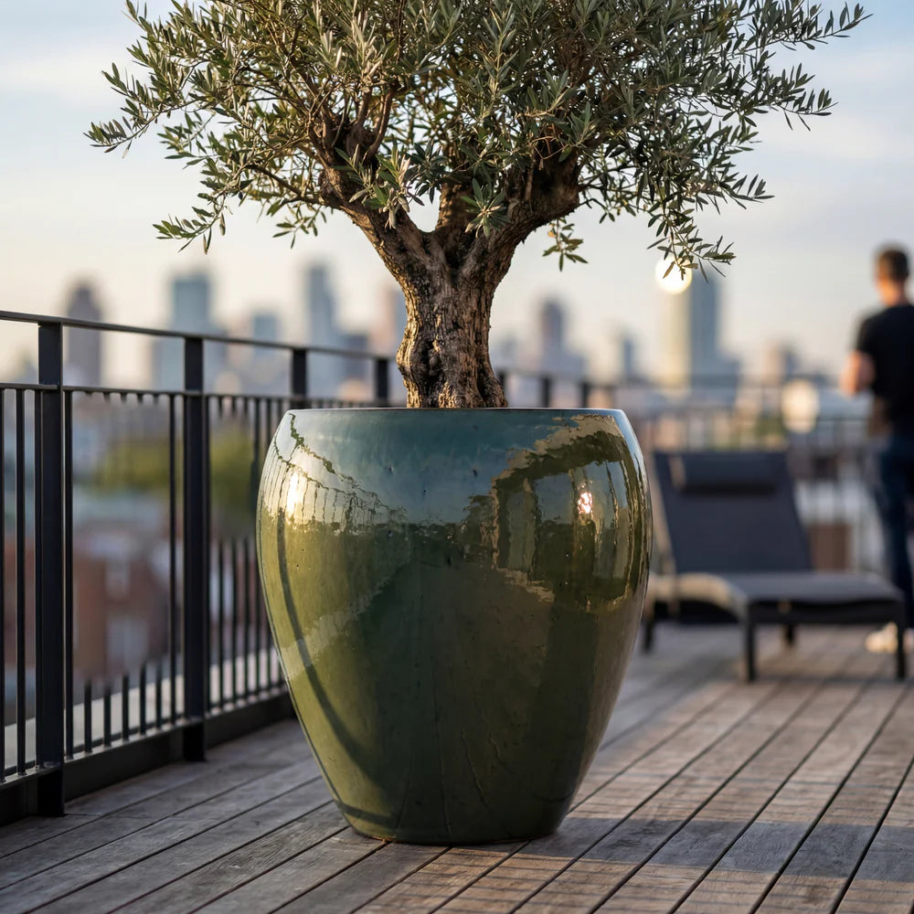Vaso Lafontaine2 a forma di anfora 50x52 cm verde crema in ceramica smaltata, con olivo su terrazza