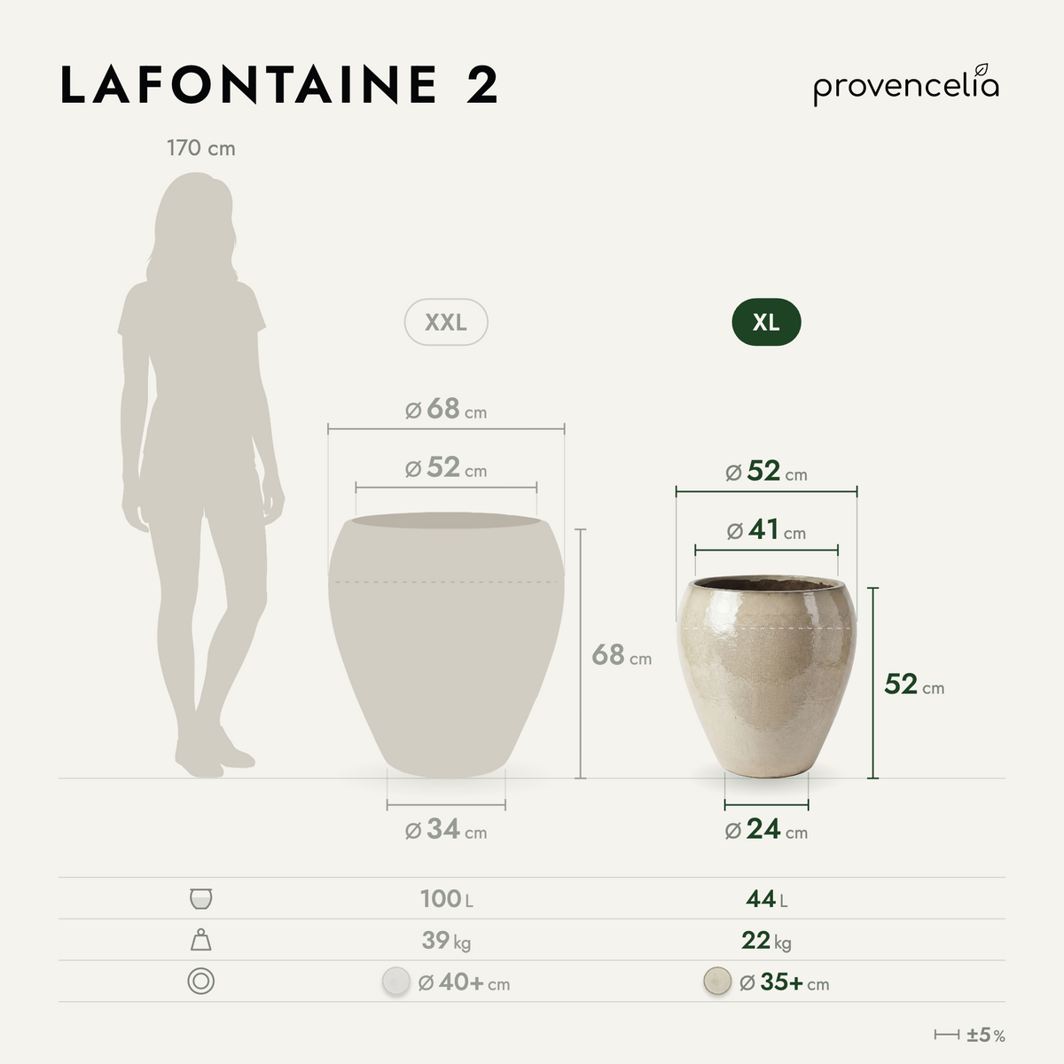 Pot LAFONTAINE2 en forme d’amphore 50x52 cm crème en terre cuite émaillée, vue comparative des deux tailles