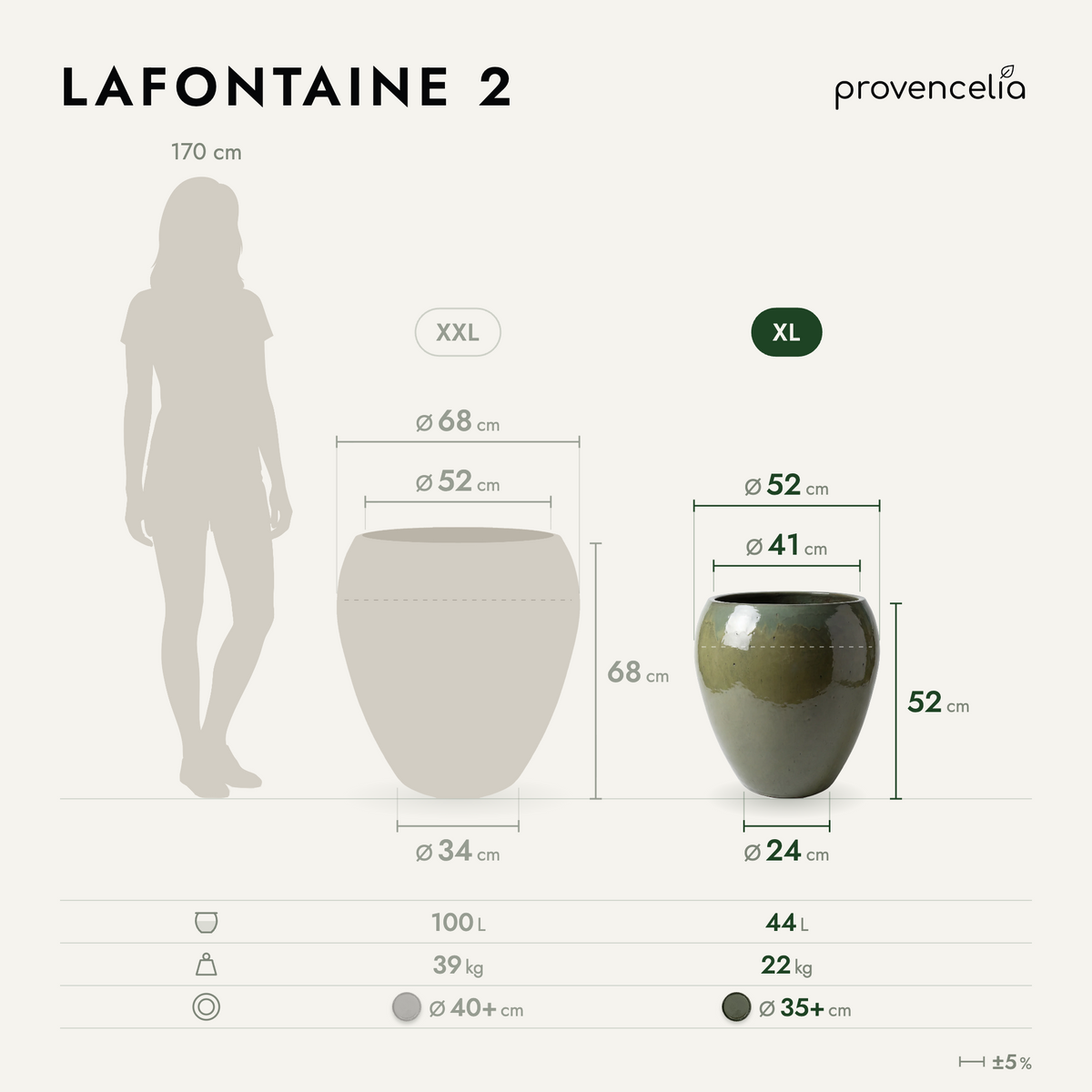 Pot LAFONTAINE2 en forme d’amphore 50x52 cm vert crème en terre cuite émaillée, comparaison des formats XXL et XL