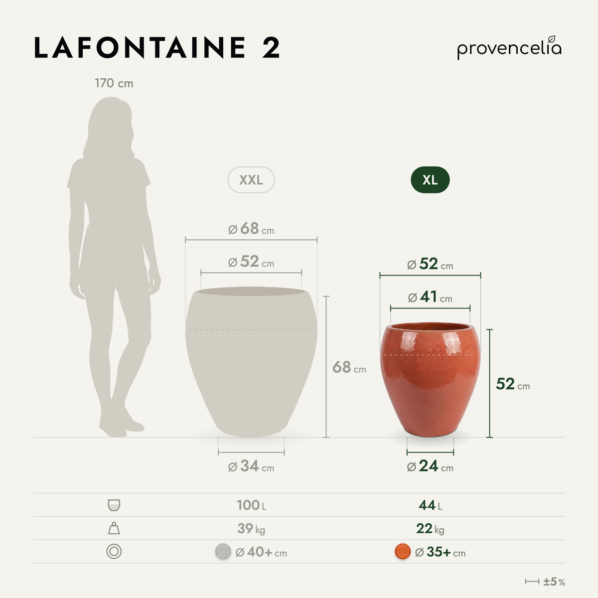 Pot LAFONTAINE2 en forme d’amphore 50x52 cm aurore en terre cuite émaillée, vue de face avec dimensions