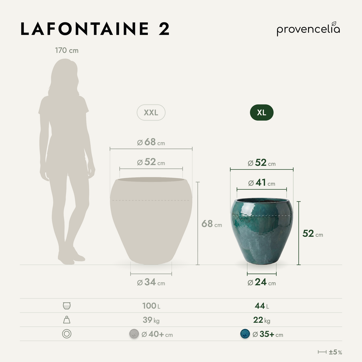 Pot LAFONTAINE2 en forme d’amphore 50x52 cm brume de jade en terre cuite émaillée, schéma des dimensions