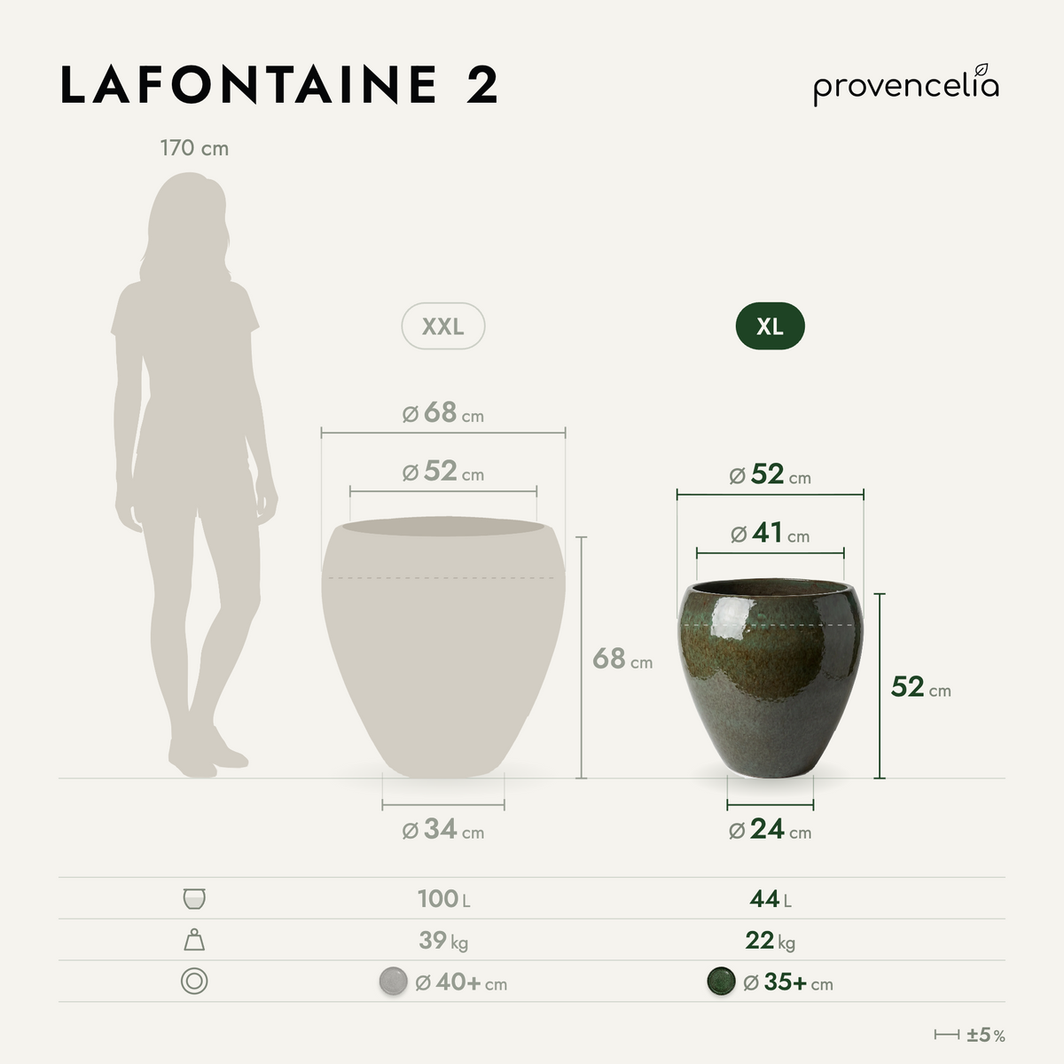 Pot LAFONTAINE2 en forme d’amphore 50x52 cm vert brumeux en terre cuite émaillée, vue de face avec dimensions