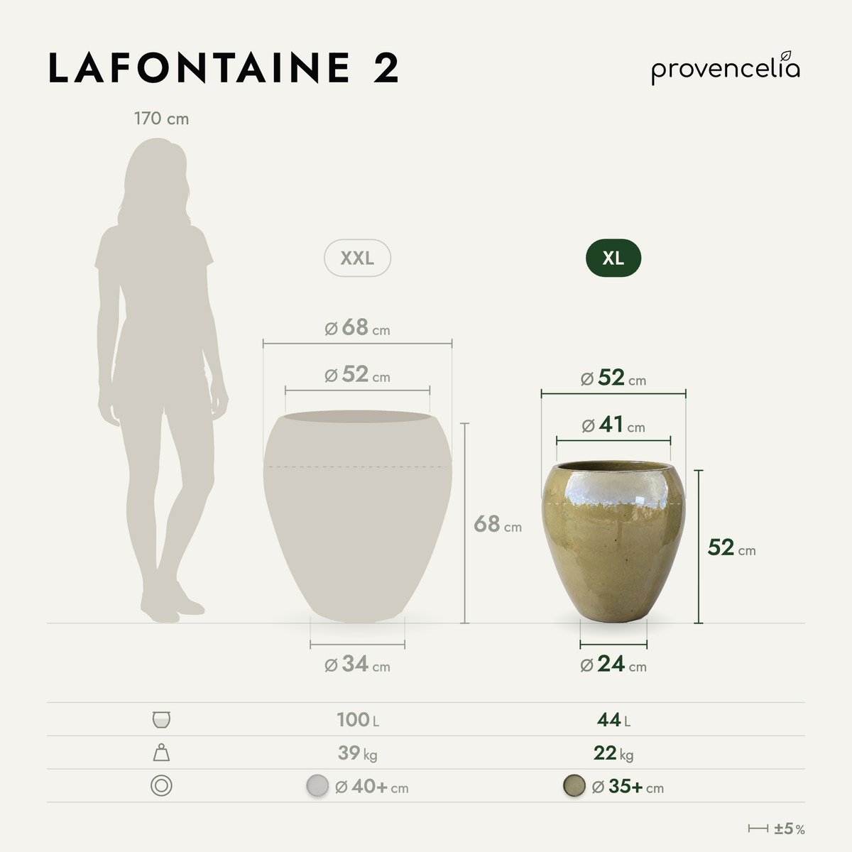 Pot LAFONTAINE2 en forme d’amphore 50x52 cm sunset en terre cuite émaillée, vue de face avec dimensions