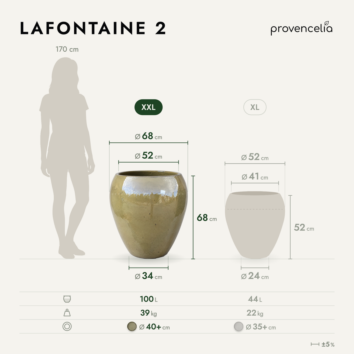 Pot LAFONTAINE2 en forme d’amphore 67x68 cm sunset en terre cuite émaillée, vue de face avec dimensions
