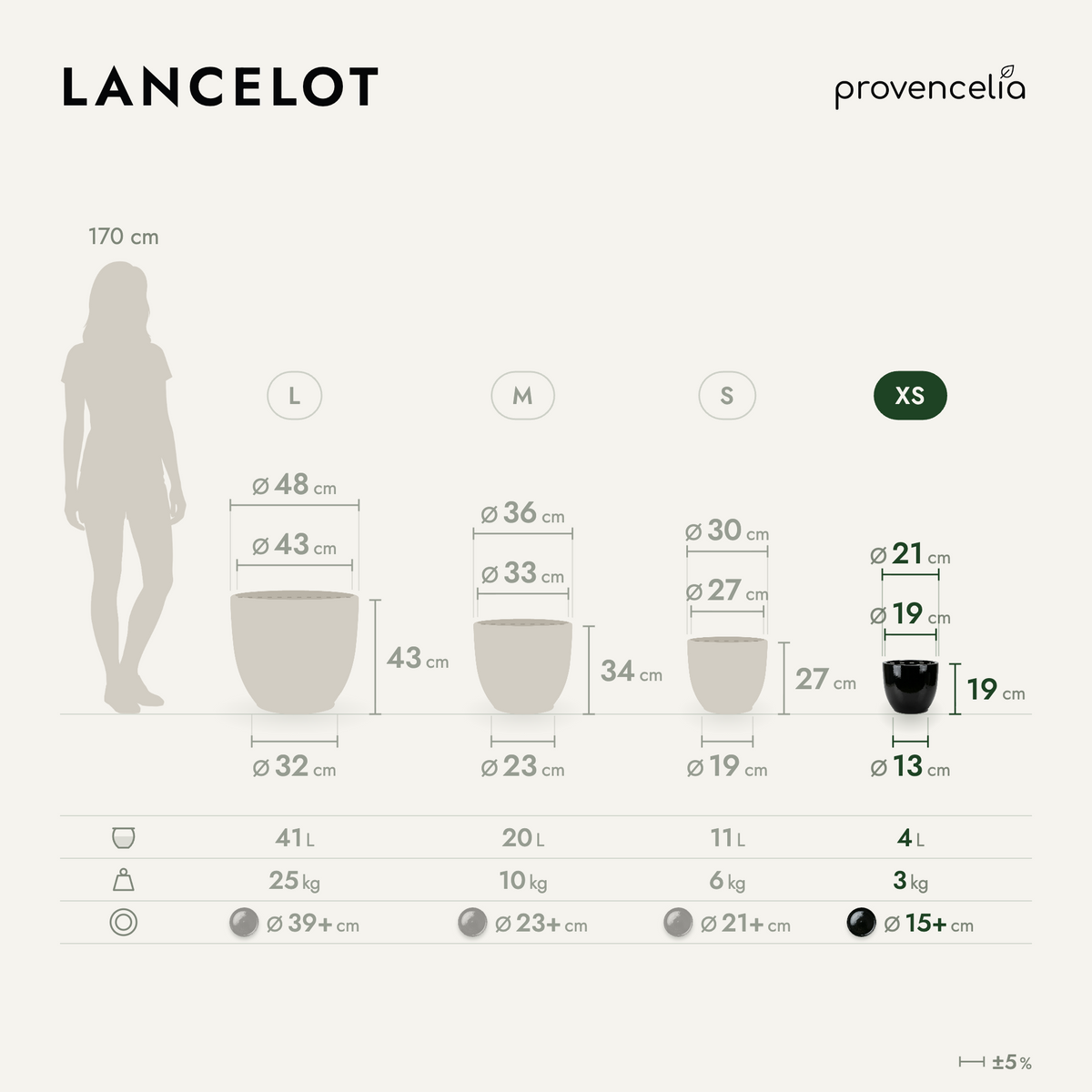 Decorative LANCELOT planter 21x19 cm black in glazed ceramic, XS model dimensions diagram