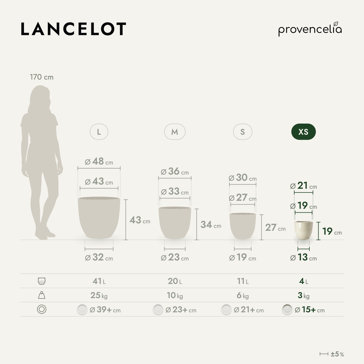 Decoratieve plantenbak LANCELOT 21x19 cm crème van geglazuurd keramiek, afmetingen van maat XS