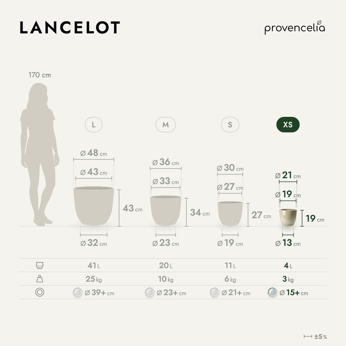 Decoratieve plantenbak LANCELOT 21x19 cm parel van geglazuurd keramiek, schema van de XS-afmetingen