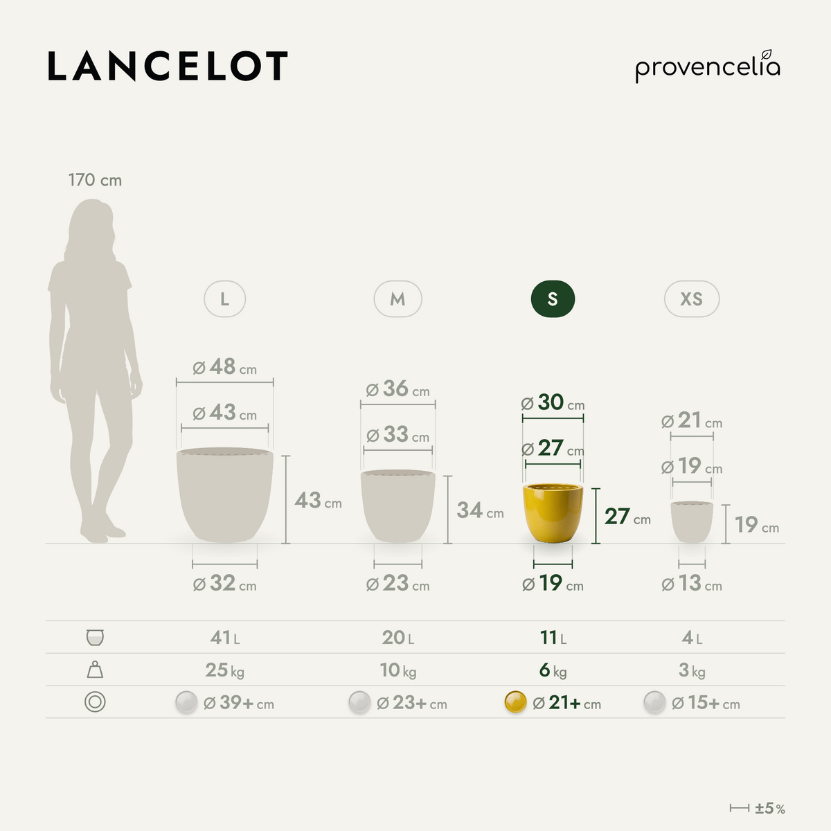Decorative LANCELOT planter 29x26 cm Yellow in glazed ceramic, dimension chart