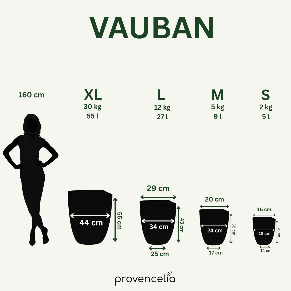 Macetero Vauban rectangular Violeta claro de cerámica esmaltada, esquema de dimensiones y capacidades