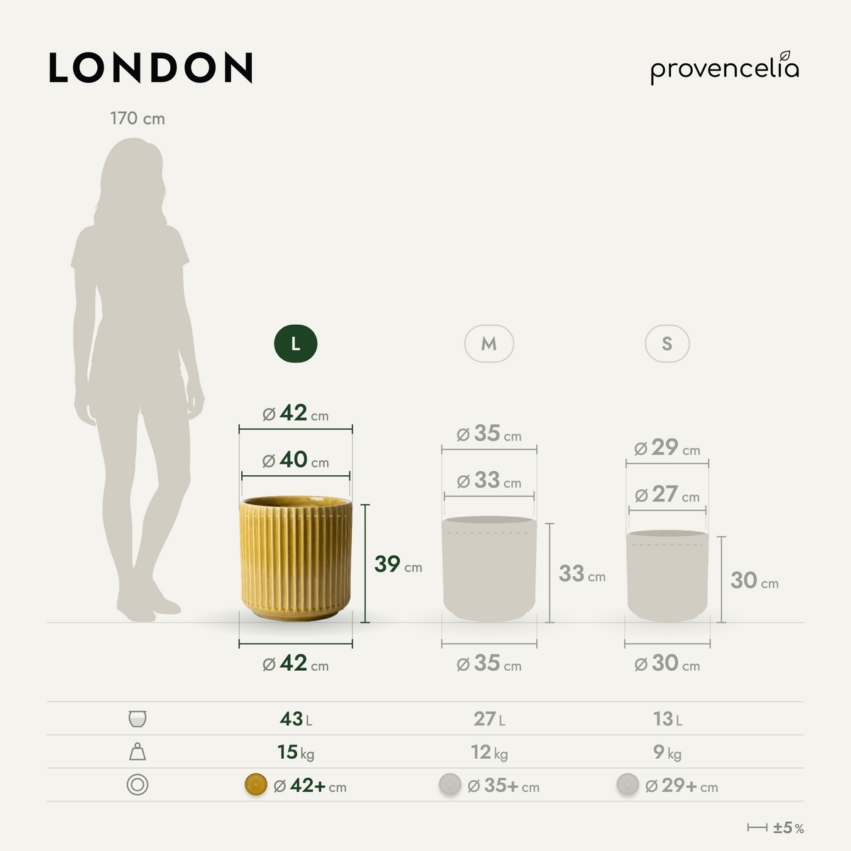Vaso LONDON decorativo 42x39 cm eliodoro, schema delle dimensioni e delle taglie