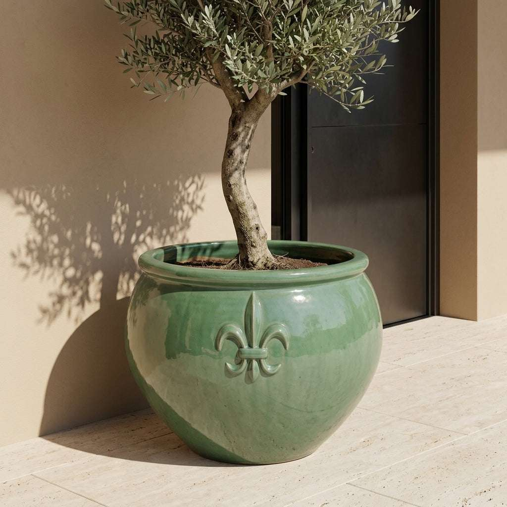 Lot olivier + pot CLOVIS 86x64cm jade, fait main en terre cuite émaillée Provencelia