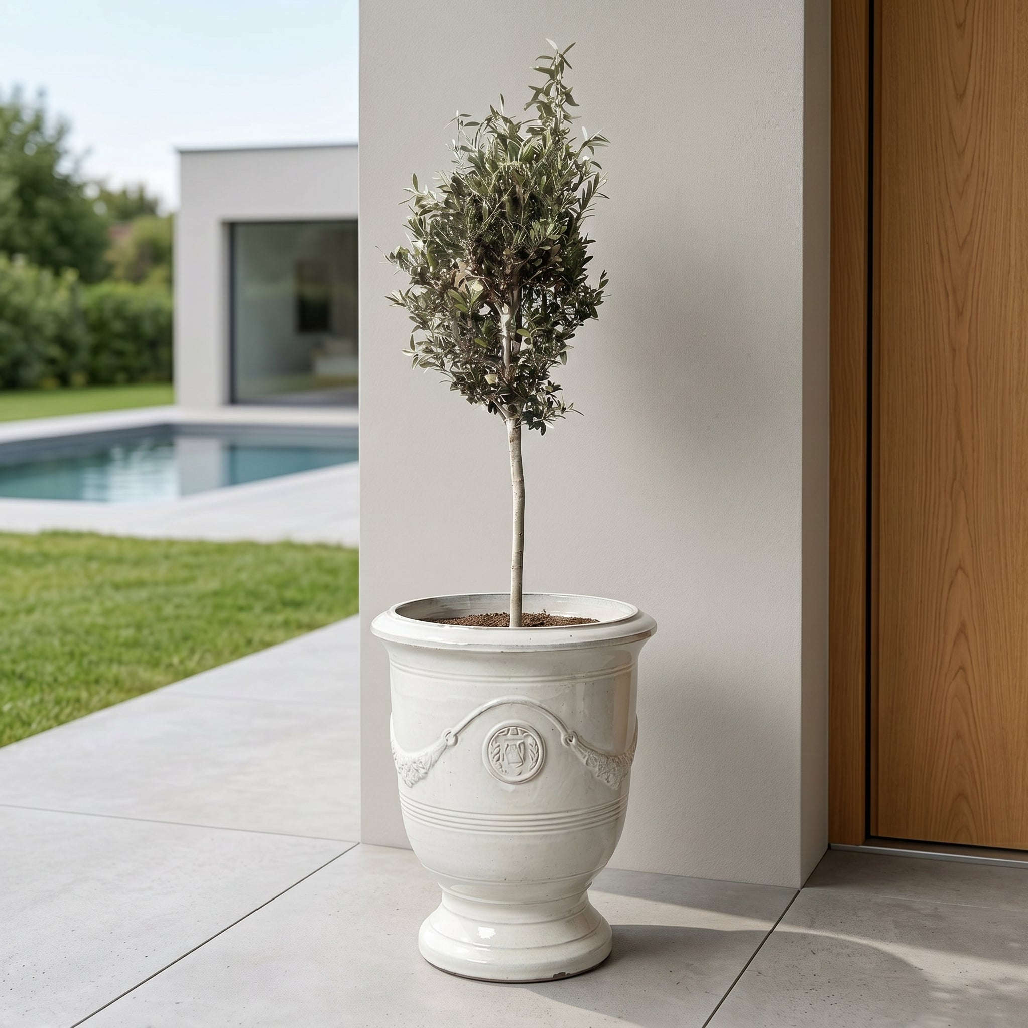 Lot olivier + pot RICHELIEU 46x56cm crème, fait main en terre cuite émaillée Provencelia