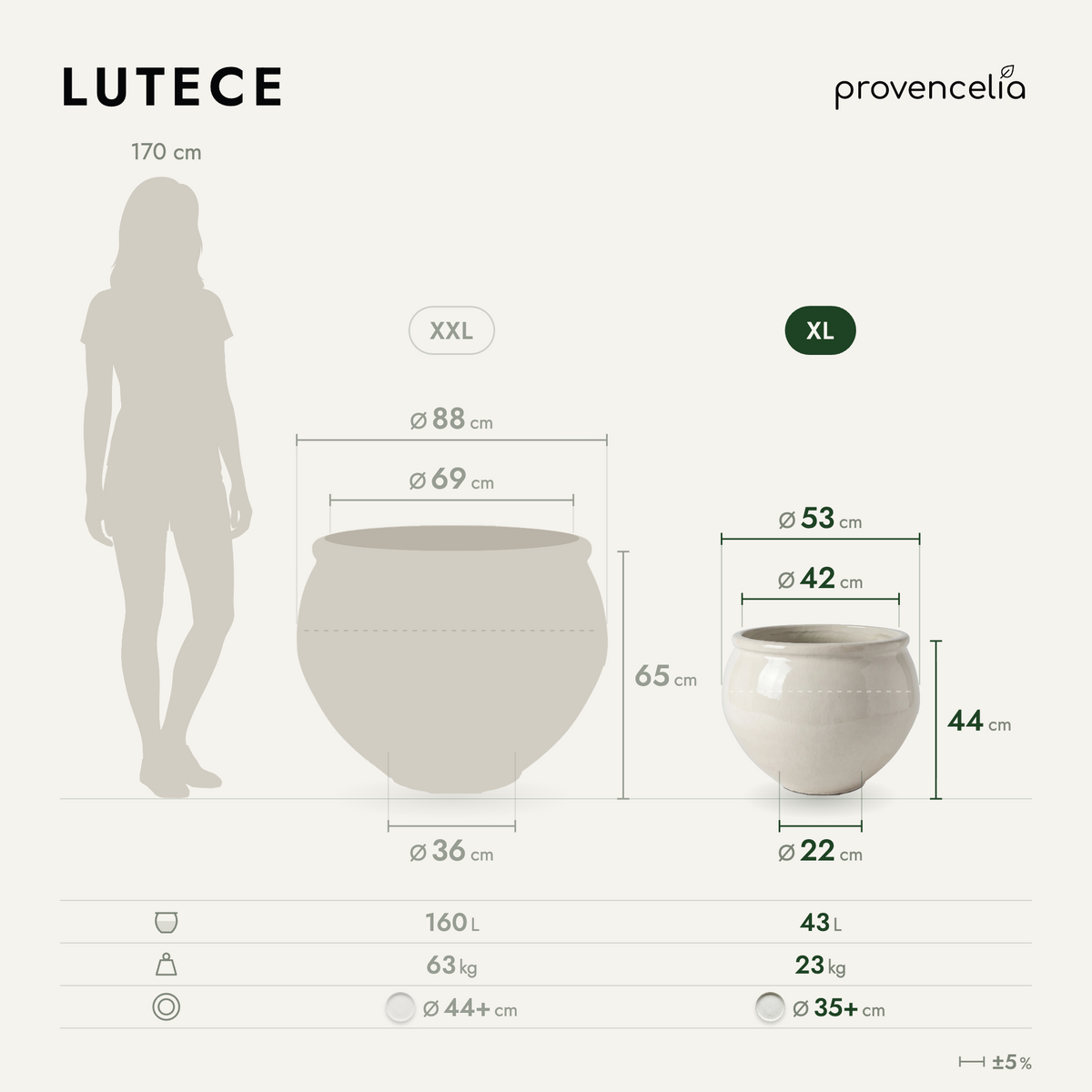 Round LUTECE planter 53x43 cm Cream in glazed ceramic, planter dimensions diagram