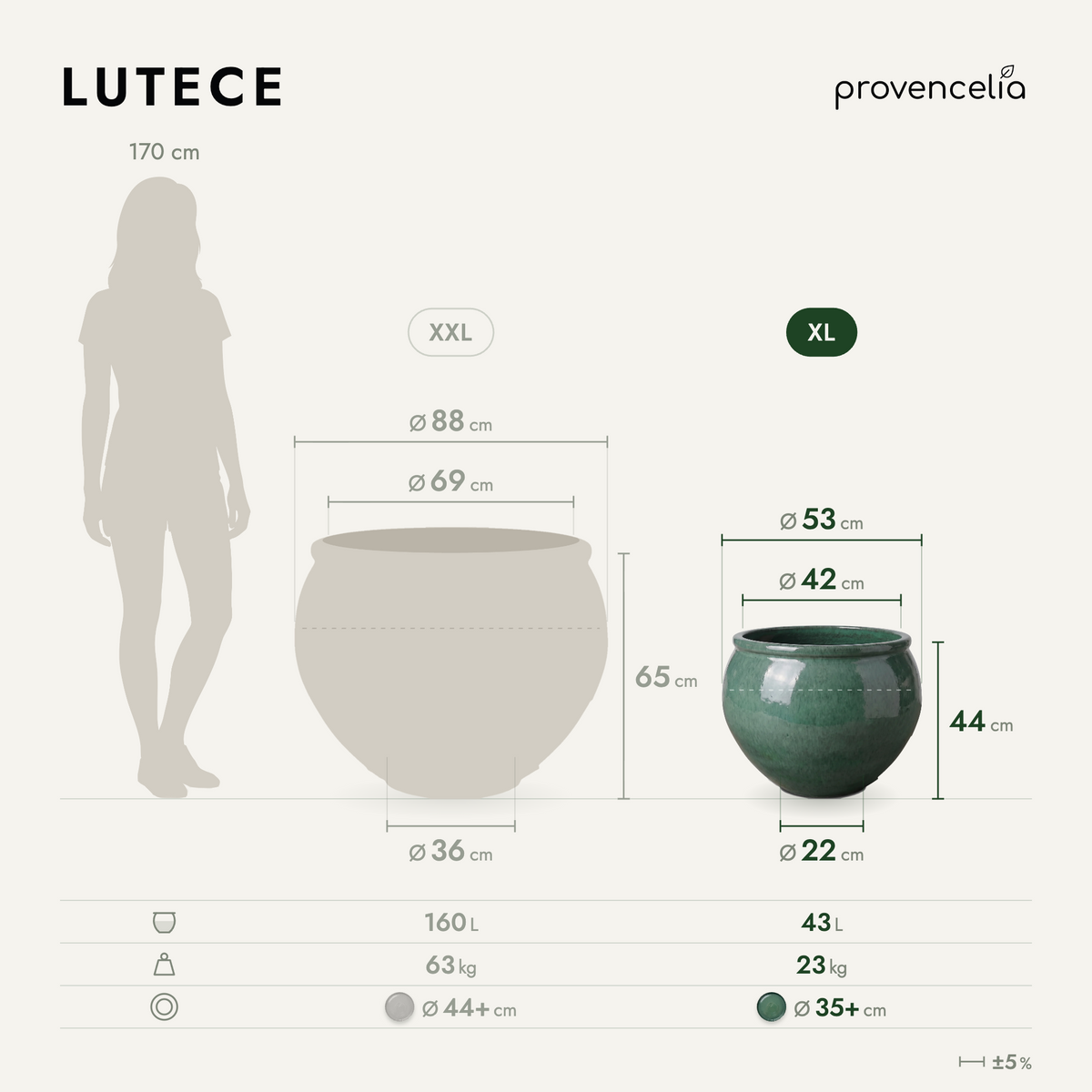 Round LUTECE planter 53x43 cm jade in glazed ceramic, with dimensions diagram