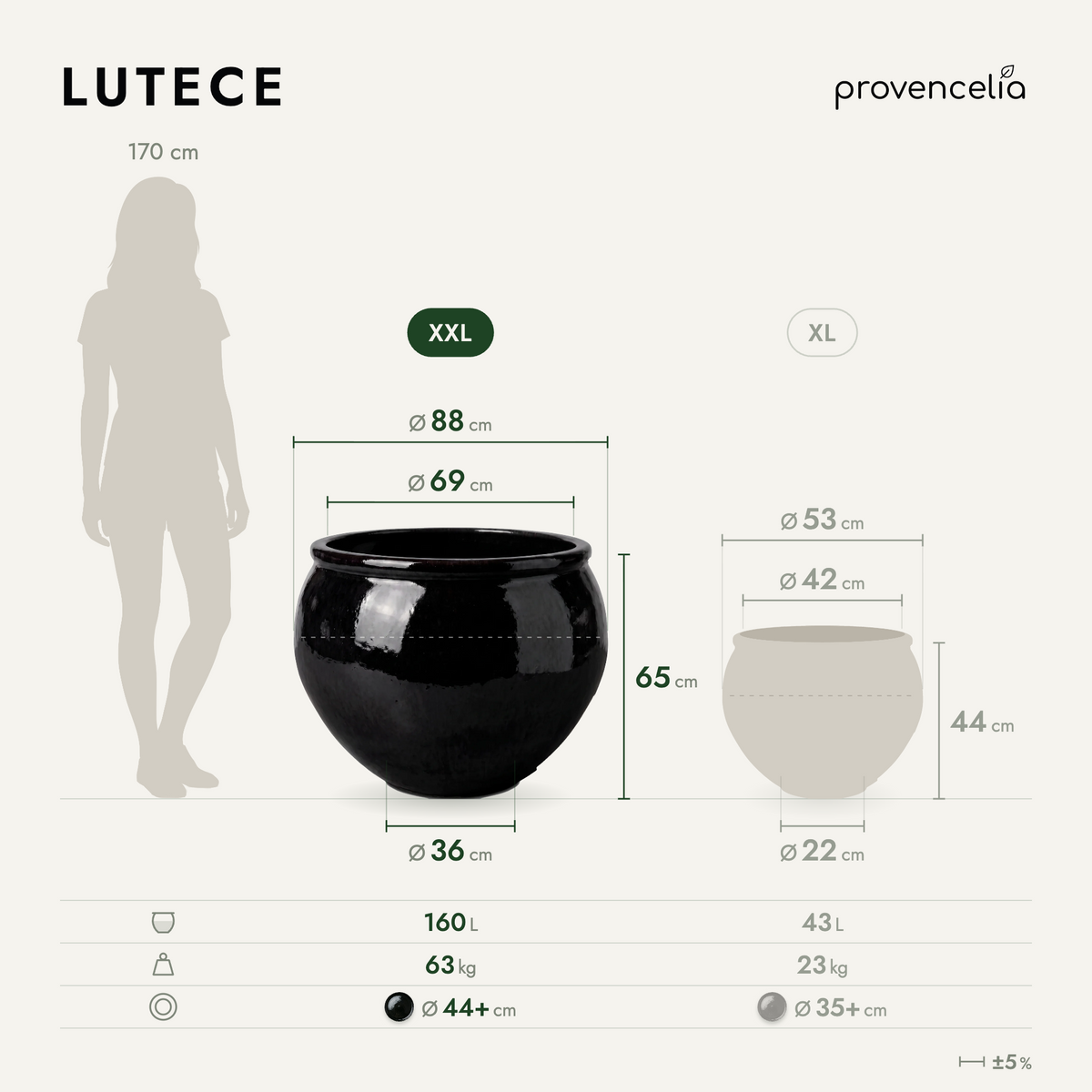 Pot LUTECE rond 86x64 cm noir en terre cuite émaillée, vue de face avec dimensions