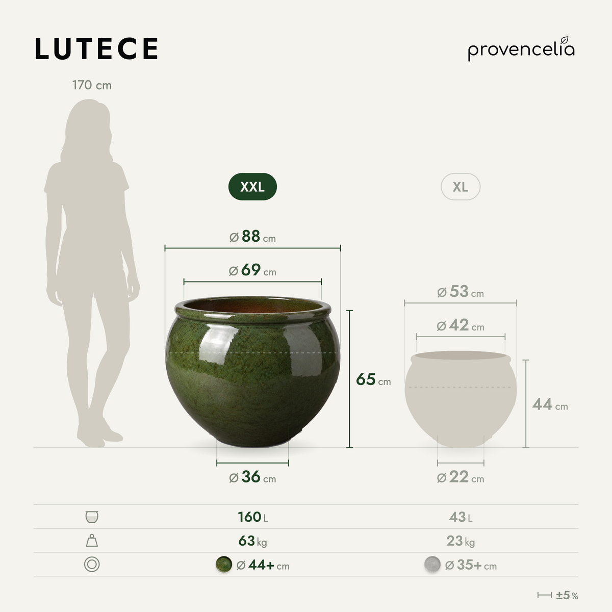 Vaso LUTECE rotondo 86x64 cm verde tropicale in ceramica smaltata, schema comparativo delle dimensioni