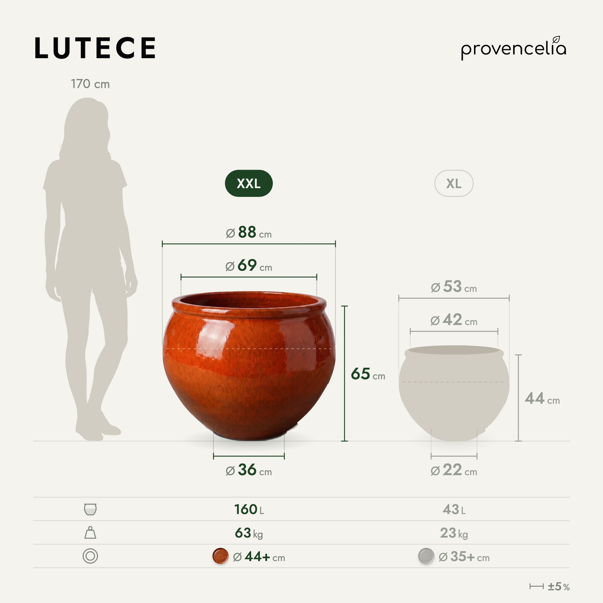 Pot LUTECE rond 86x64 cm orange tropical en terre cuite émaillée, schéma avec dimensions