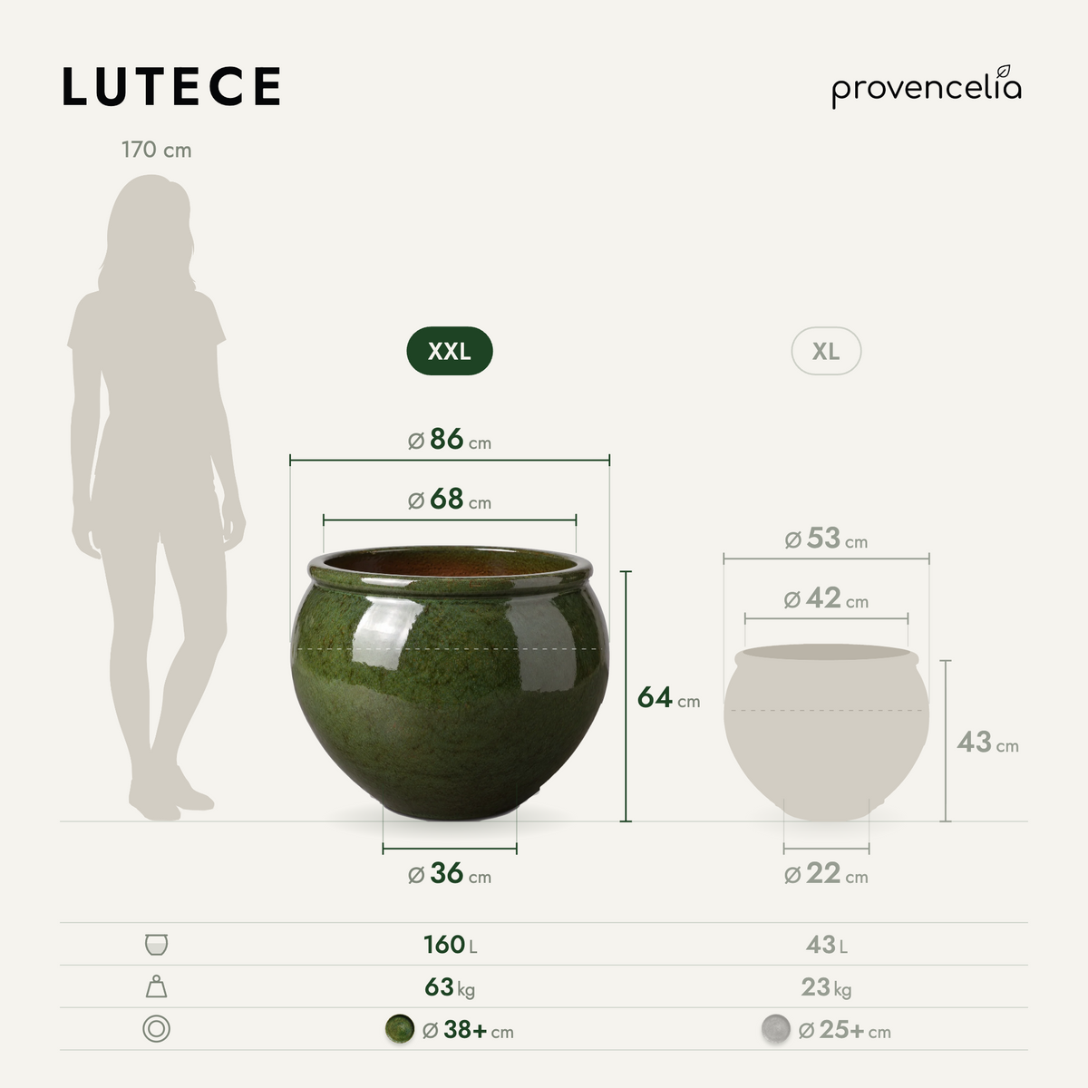 Pot LUTECE rond 86x64 cm vert tropical en terre cuite émaillée, schéma avec dimensions XXL