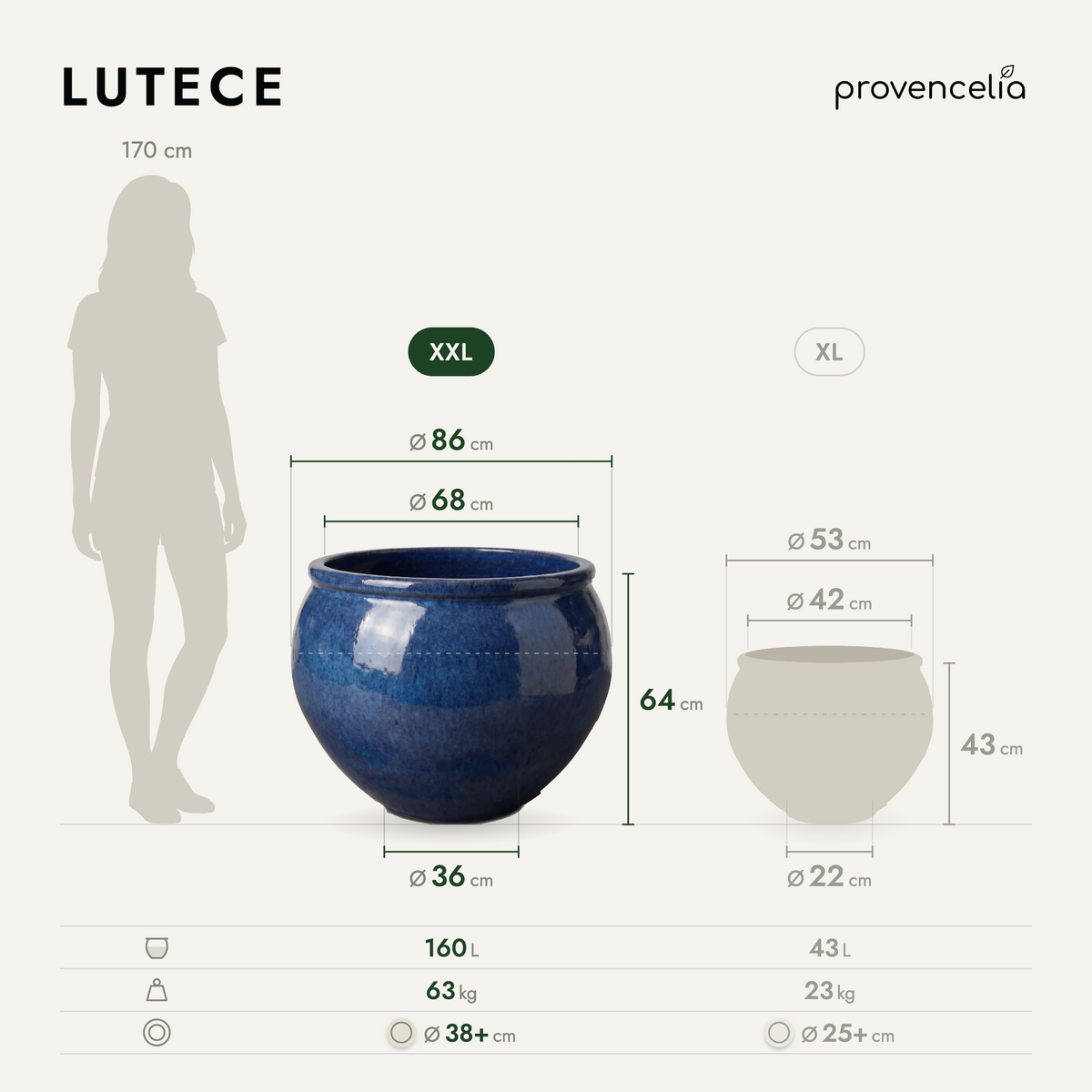 Pot LUTECE rond 86x64 cm bleu nuit en terre cuite émaillée, vue de face avec dimensions