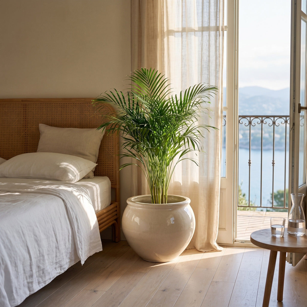 Round LUTECE planter 53x43 cm cream glazed ceramic, with a palm tree in a bedroom