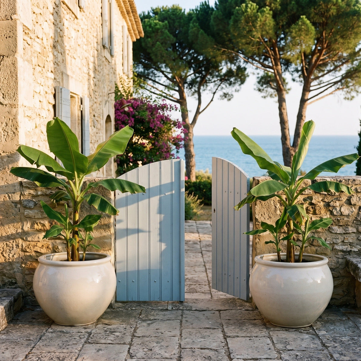 Pot LUTECE rond 53x43 cm crème en terre cuite émaillée, avec bananiers devant un portail