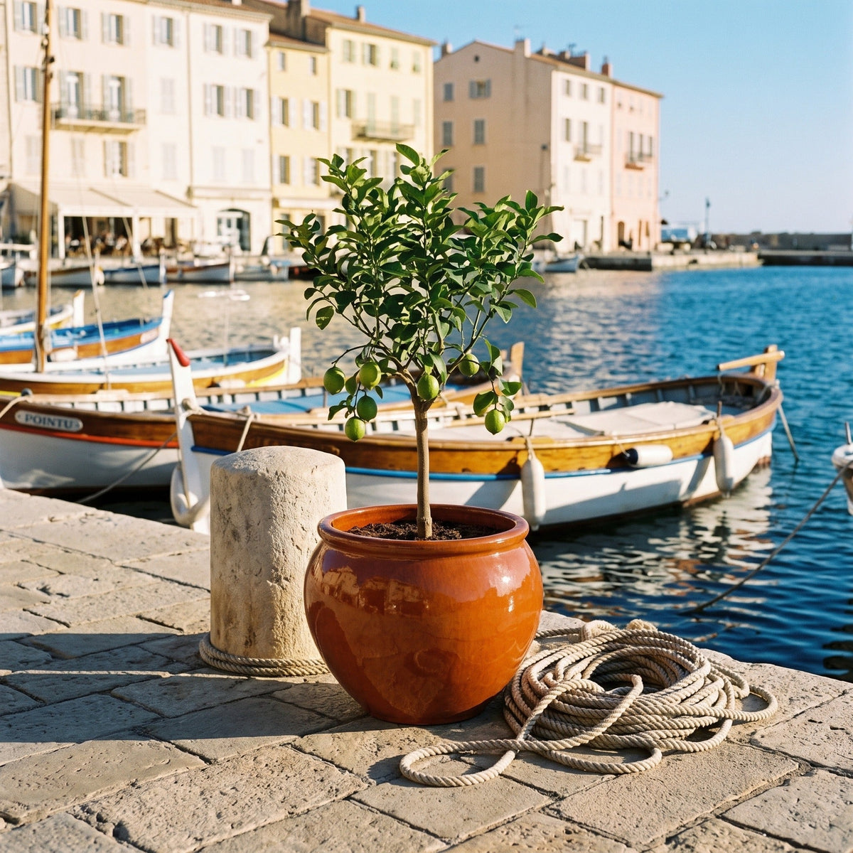 Round LUTECE planter 53x43 cm Tropical Orange glazed ceramic, lemon tree on a quay with boats