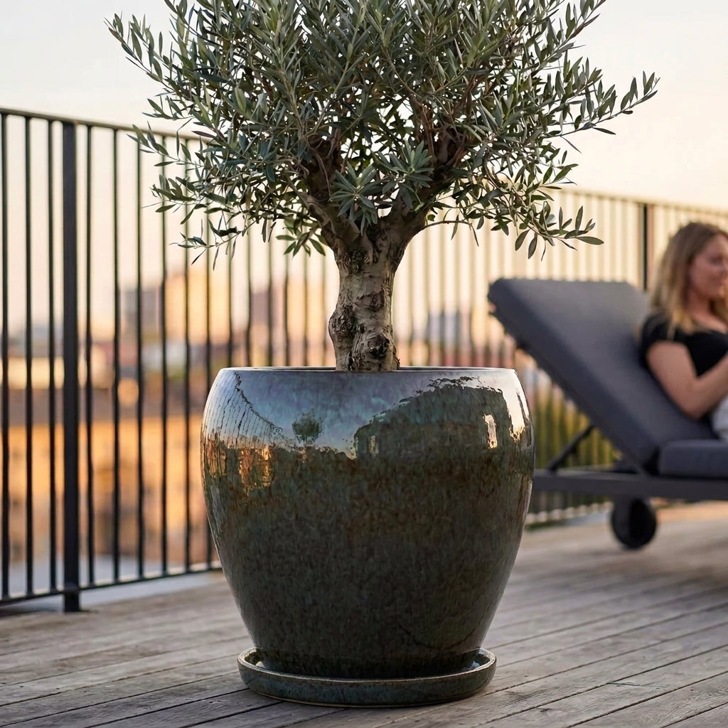 Misty green ceramic planter saucer – frost-resistant