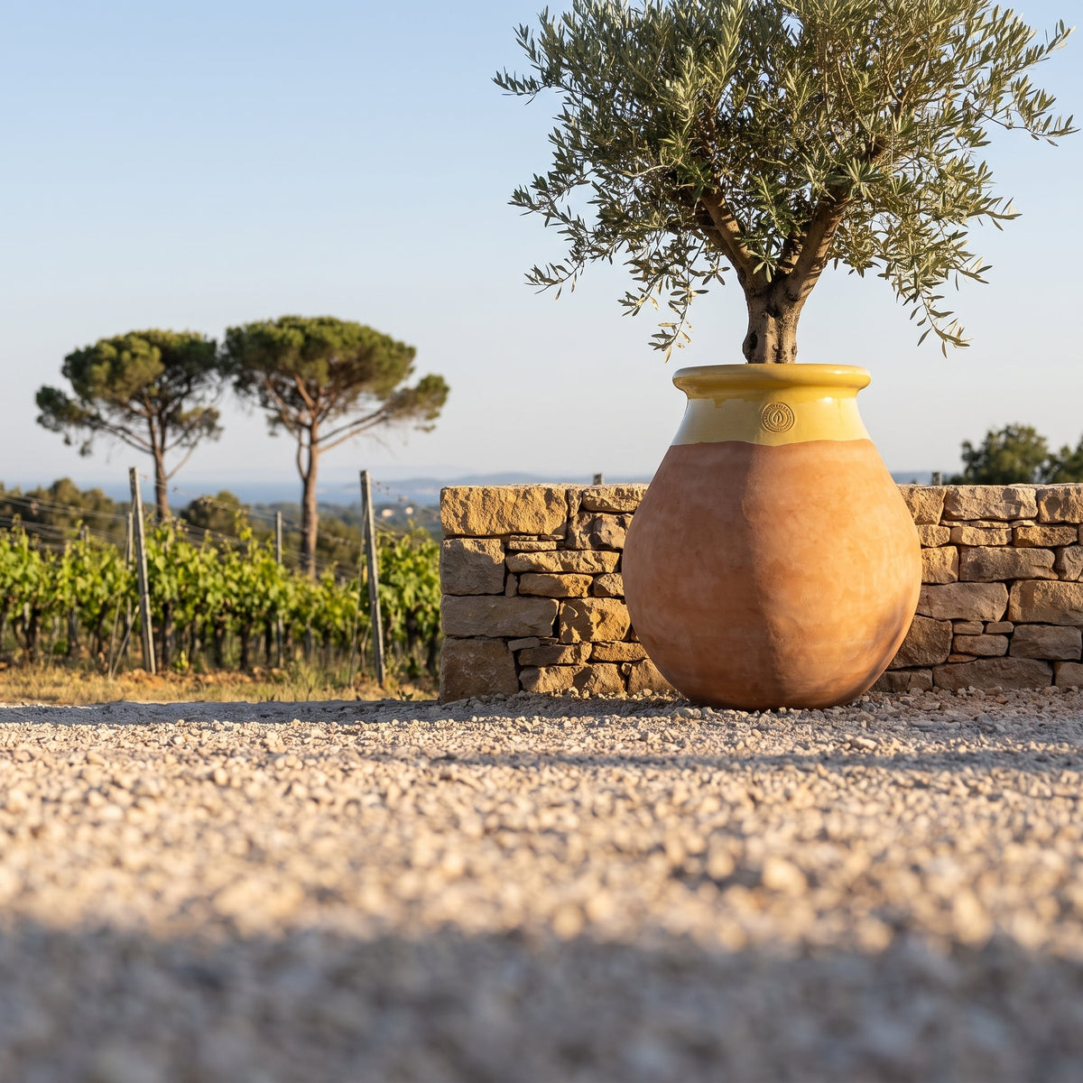 Made in Provence planter 35x63 cm Terracotta + Honey in glazed ceramic, low-angle view near the stone wall