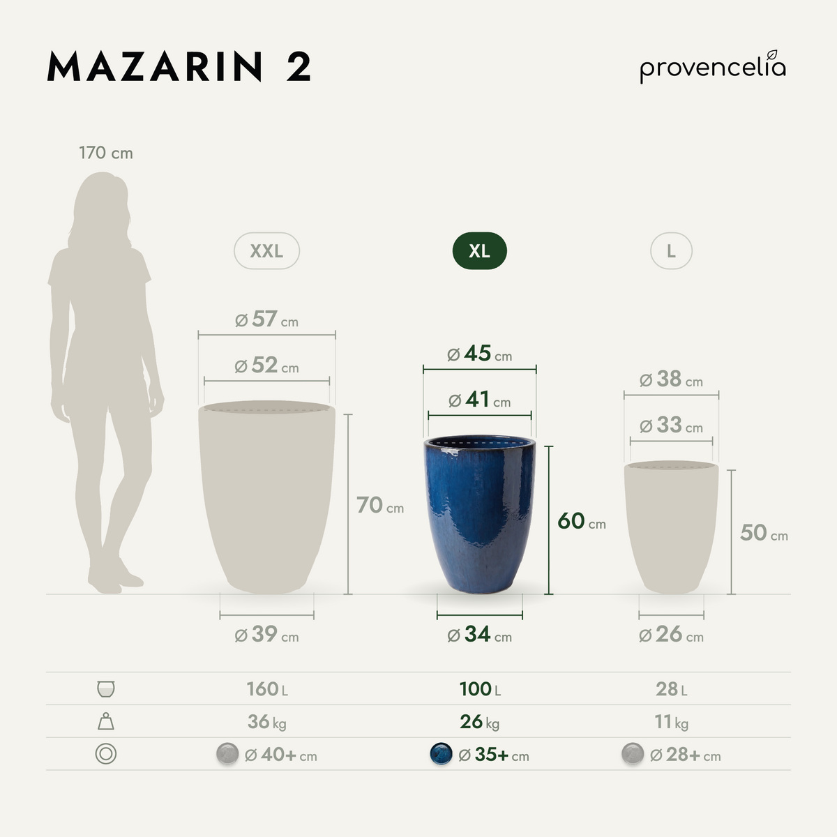Pot MAZARIN2 décoratif 45x60 cm bleu azur en terre cuite émaillée, comparaison des trois tailles