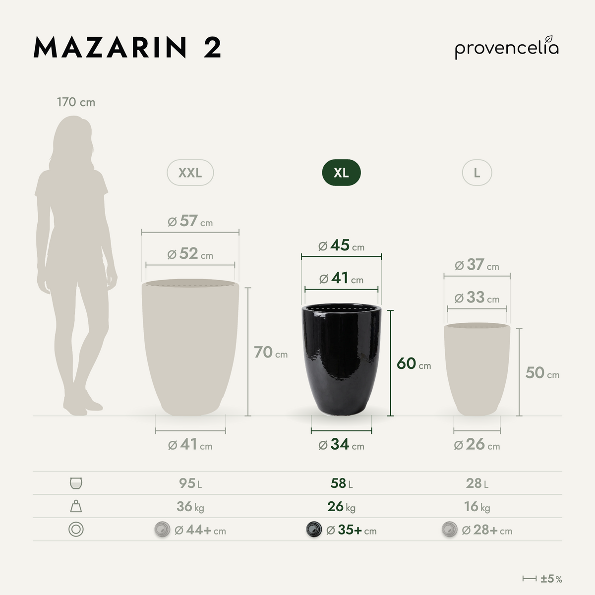 Macetero MAZARIN2 decorativo 45x60 cm negro de cerámica esmaltada, vista comparativa de los tamaños