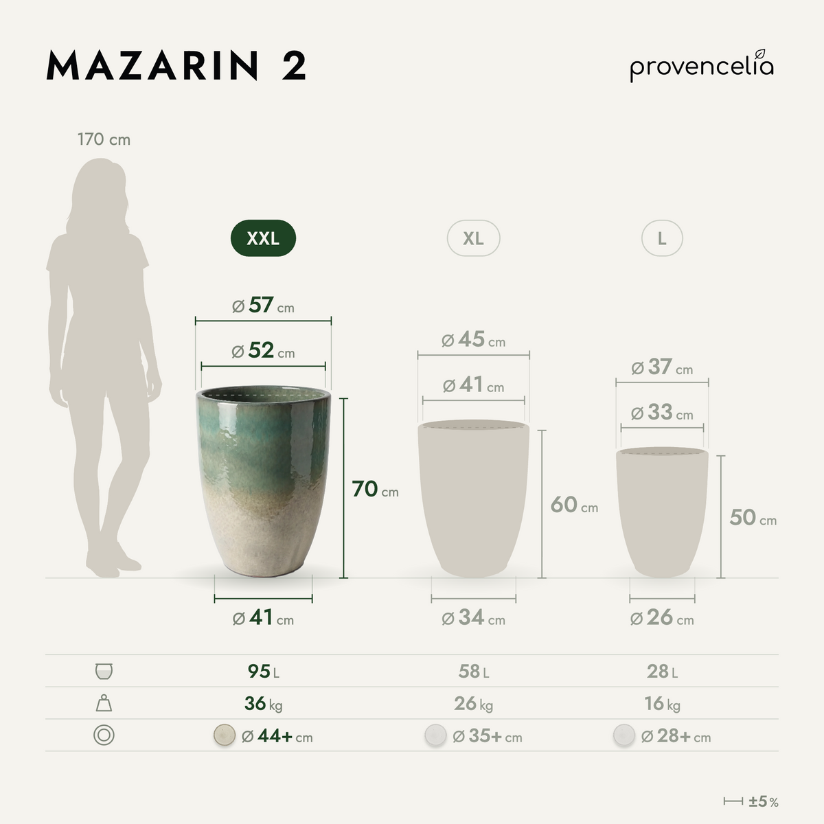 Macetero MAZARIN2 decorativo 57x70 cm bruma de verano de cerámica esmaltada, vista comparativa de los tamaños