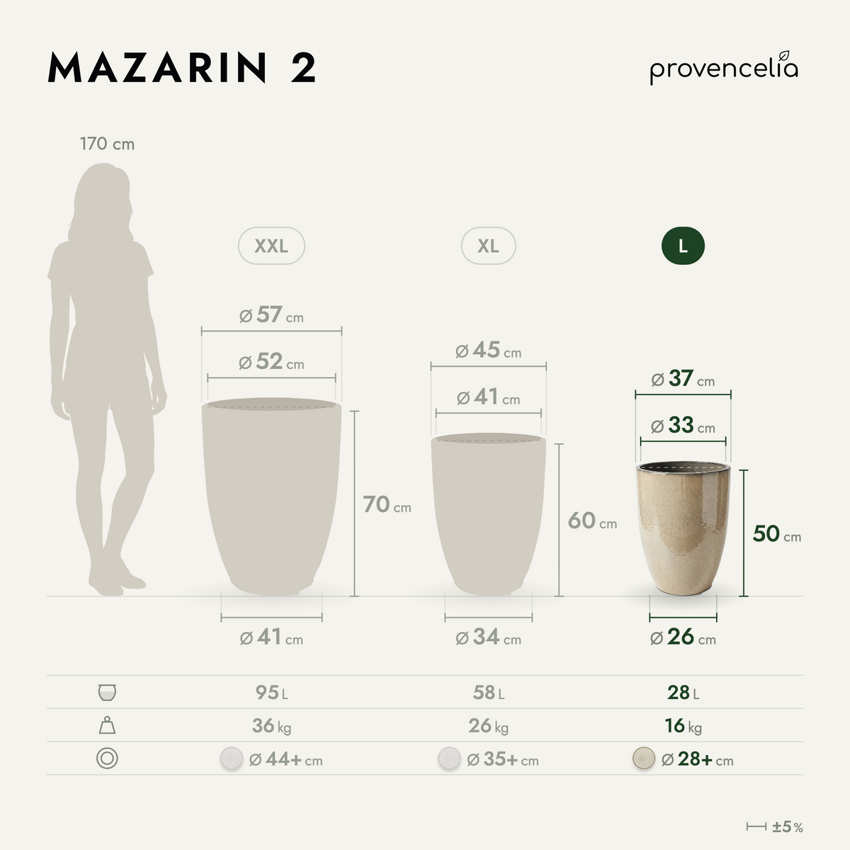 Pot MAZARIN2 37x49 cm crème en terre cuite émaillée, schéma des trois tailles
