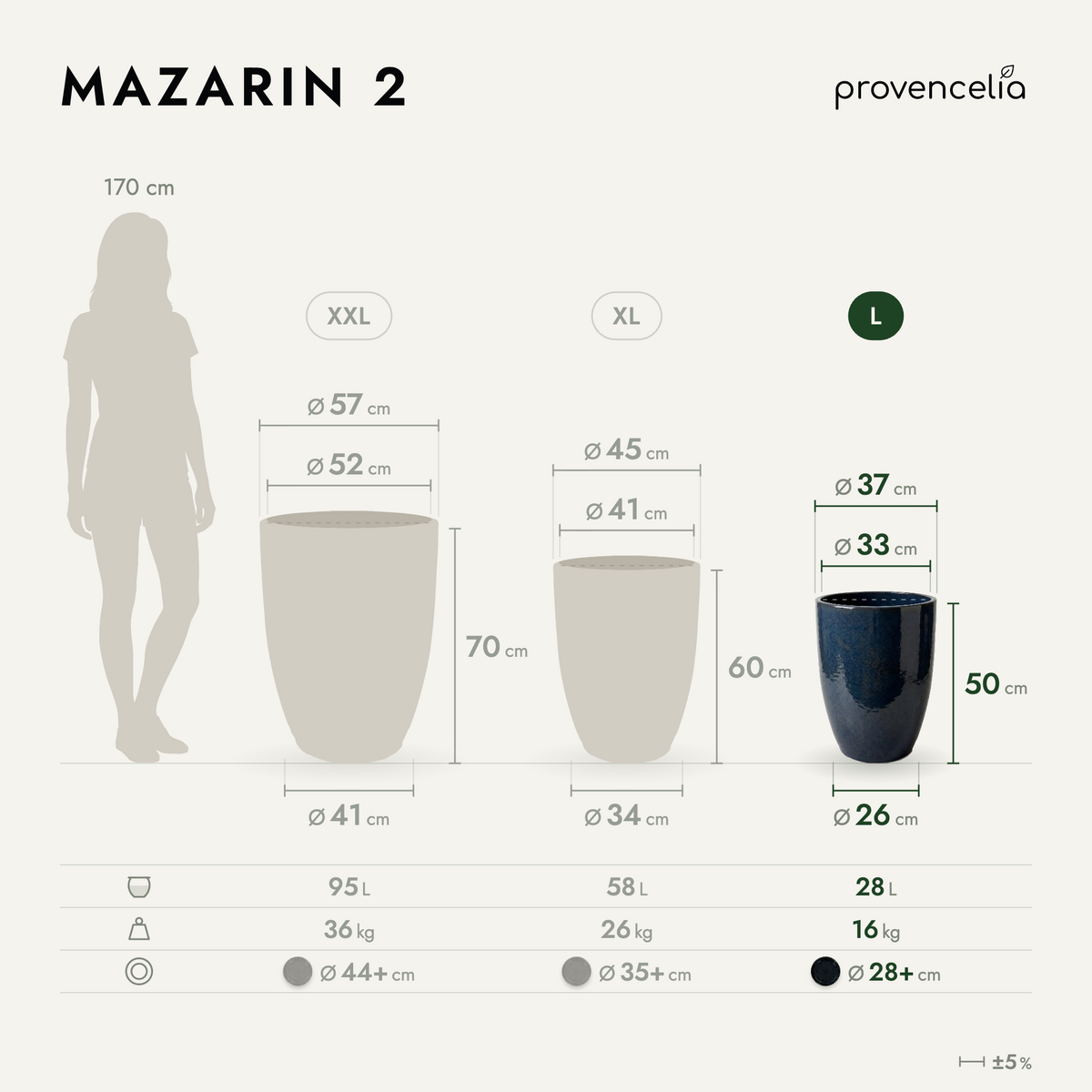 MAZARIN2-plantenbak 37 × 49 cm saffier van geglazuurd keramiek, afmetingsschema van de plantenbak