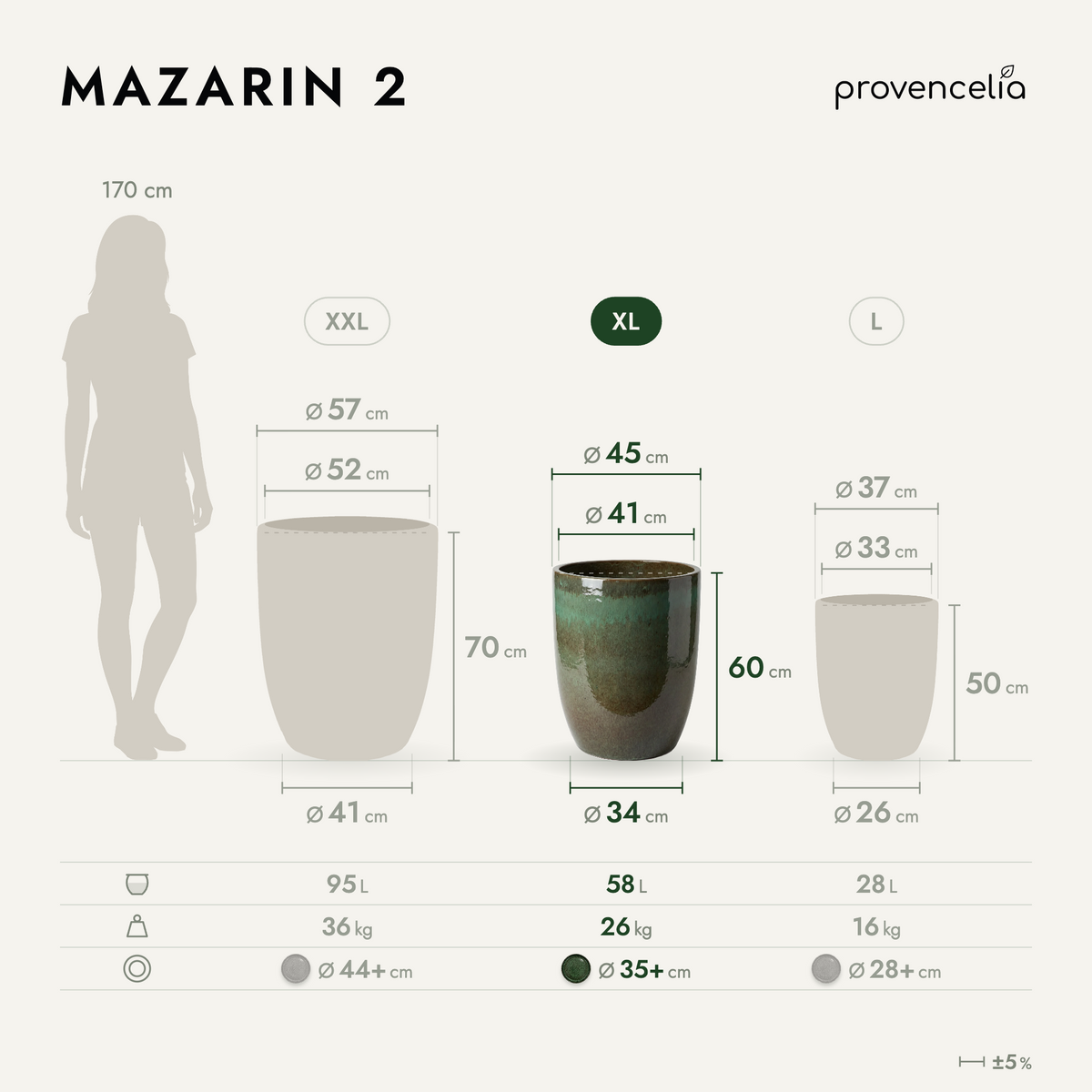 Pot MAZARIN2 45x60 cm vert brumeux en terre cuite émaillée, vue de face avec dimensions