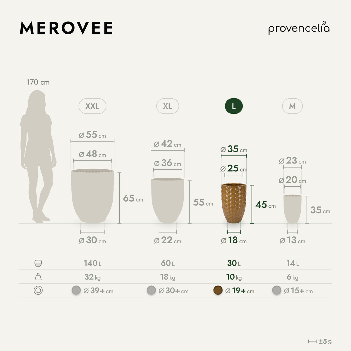 Pot MEROVEE 30x45 cm miel ambré en terre cuite émaillée, vue comparative des dimensions