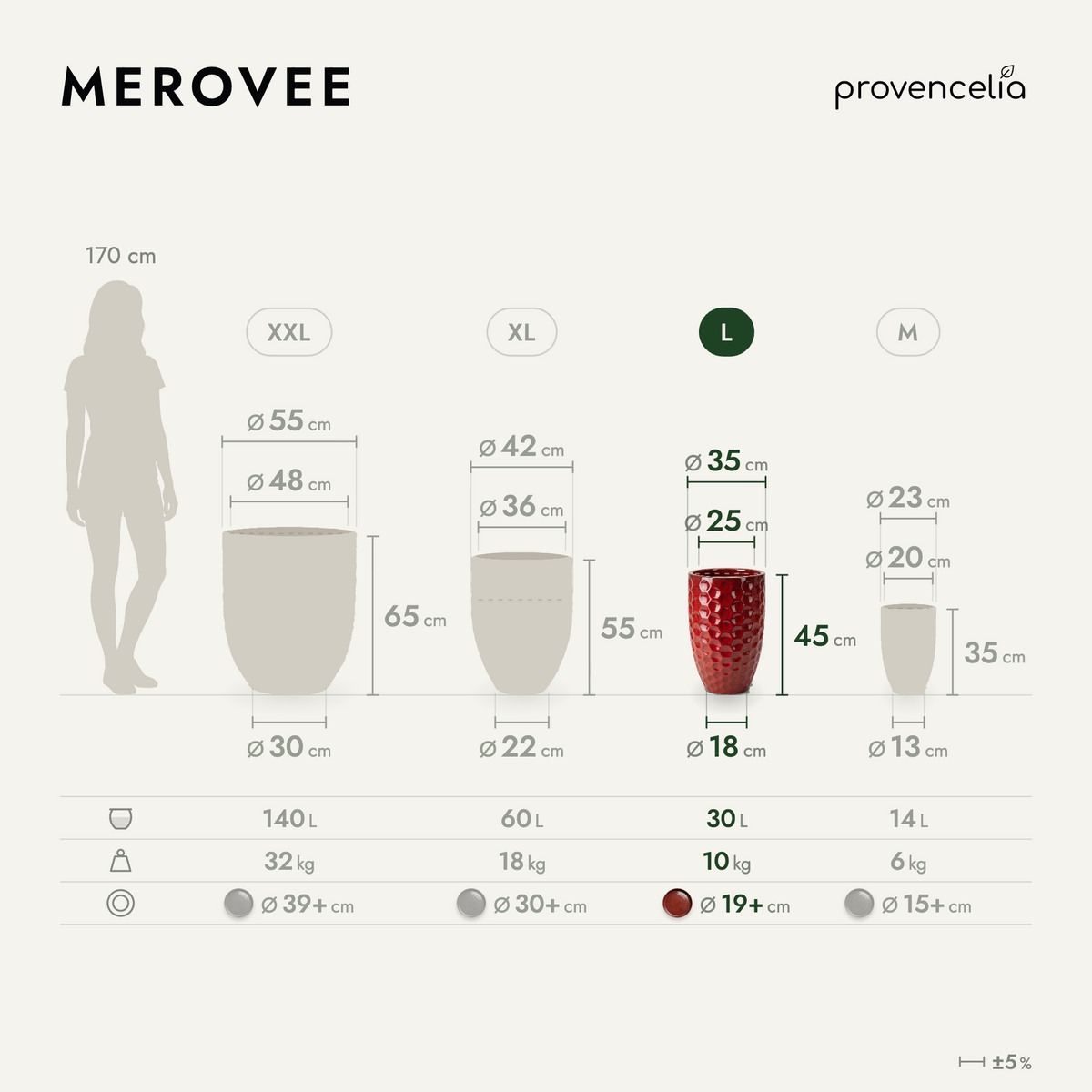 Vaso MEROVEE a forma di anfora 30x45 cm Rosso tropicale in ceramica smaltata, confronto delle dimensioni