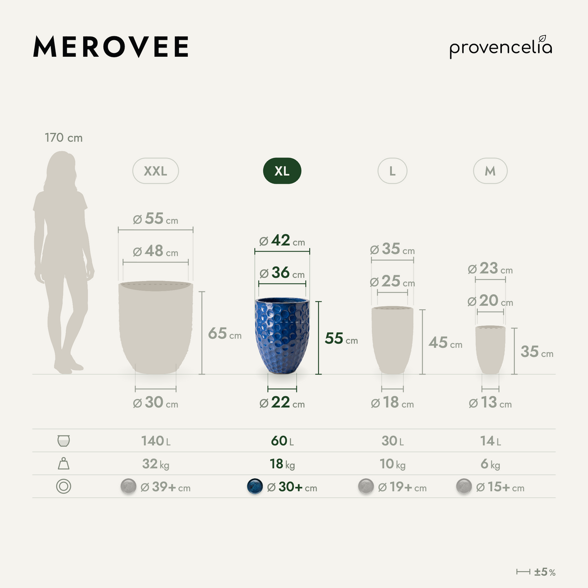 MEROVEE-plantenbak in amforavorm 42 × 55 cm azuurblauw van geglazuurd keramiek, afmetingstabel