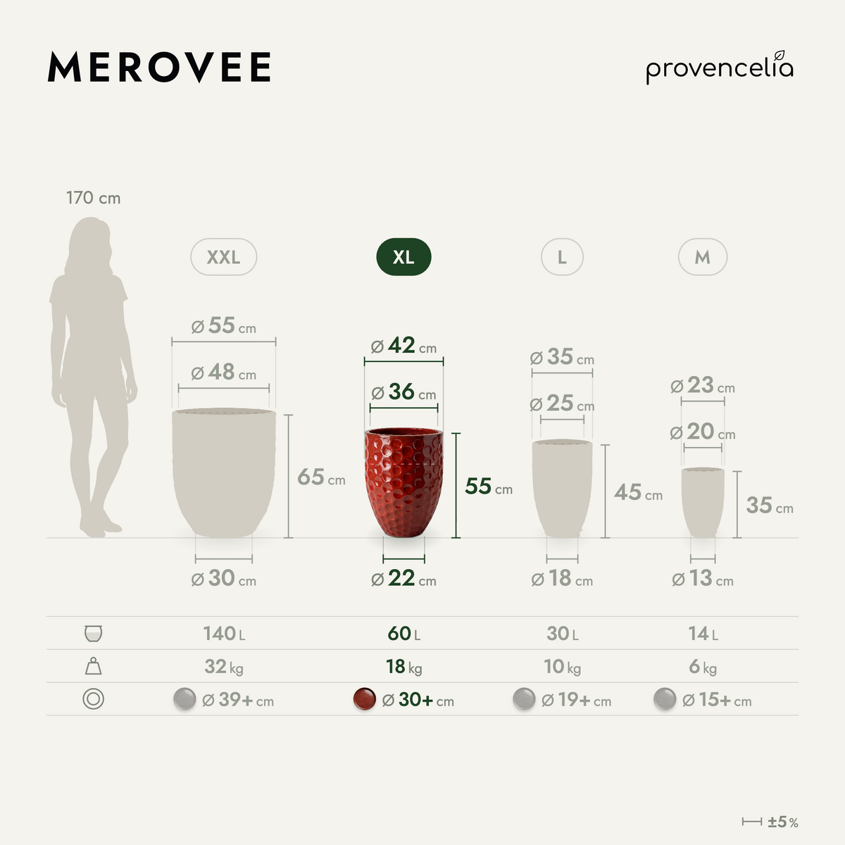 Vaso MEROVEE a forma di anfora 42x55 cm Rosso tropicale in ceramica smaltata, schema delle dimensioni e delle misure
