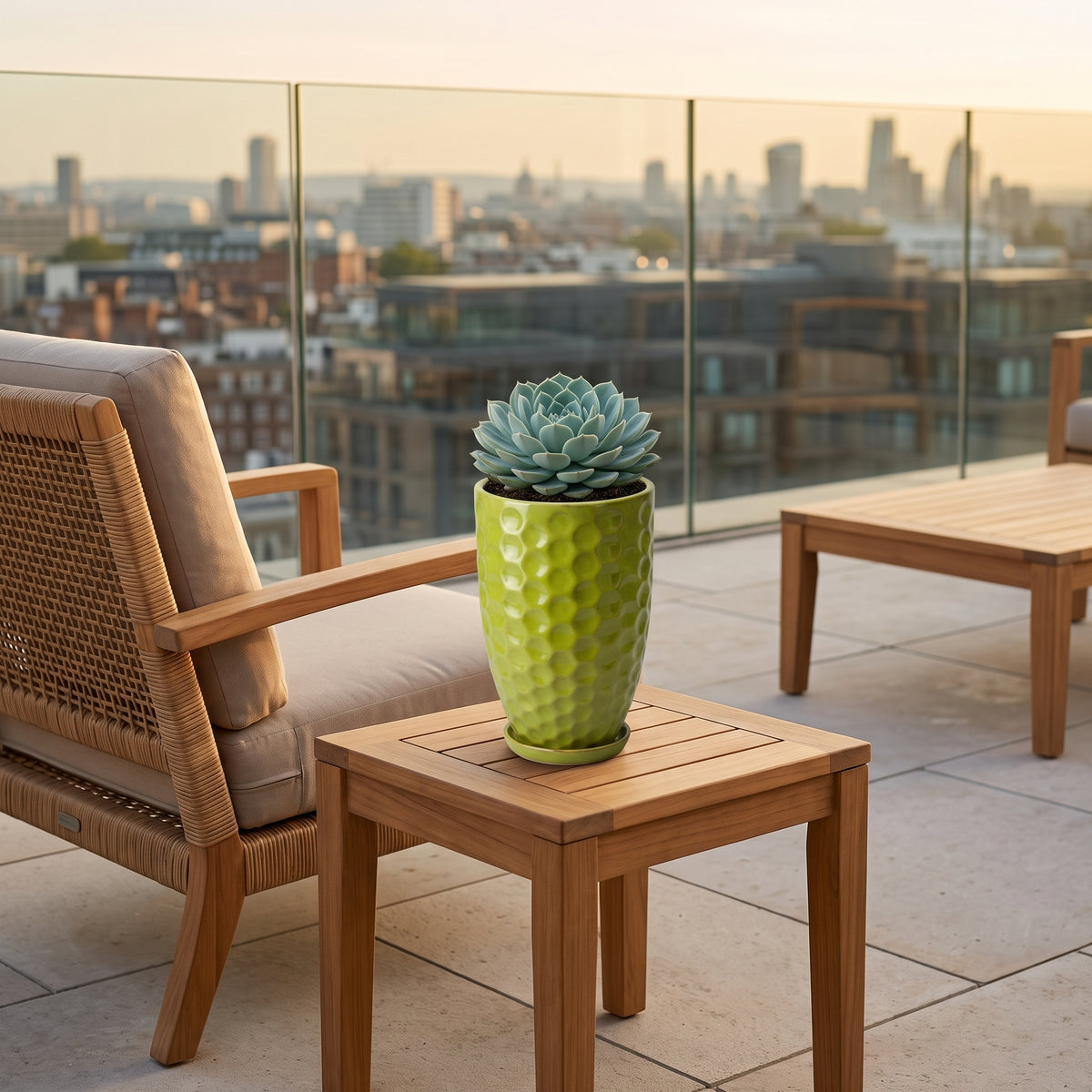Merovee planter 23x35 cm Olive Green glazed ceramic, with succulent on a rooftop terrace table
