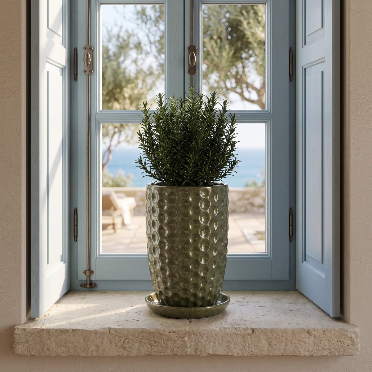 Merovee amphora-shaped planter 23x35 cm Tropical Green glazed ceramic, with shrub on a windowsill