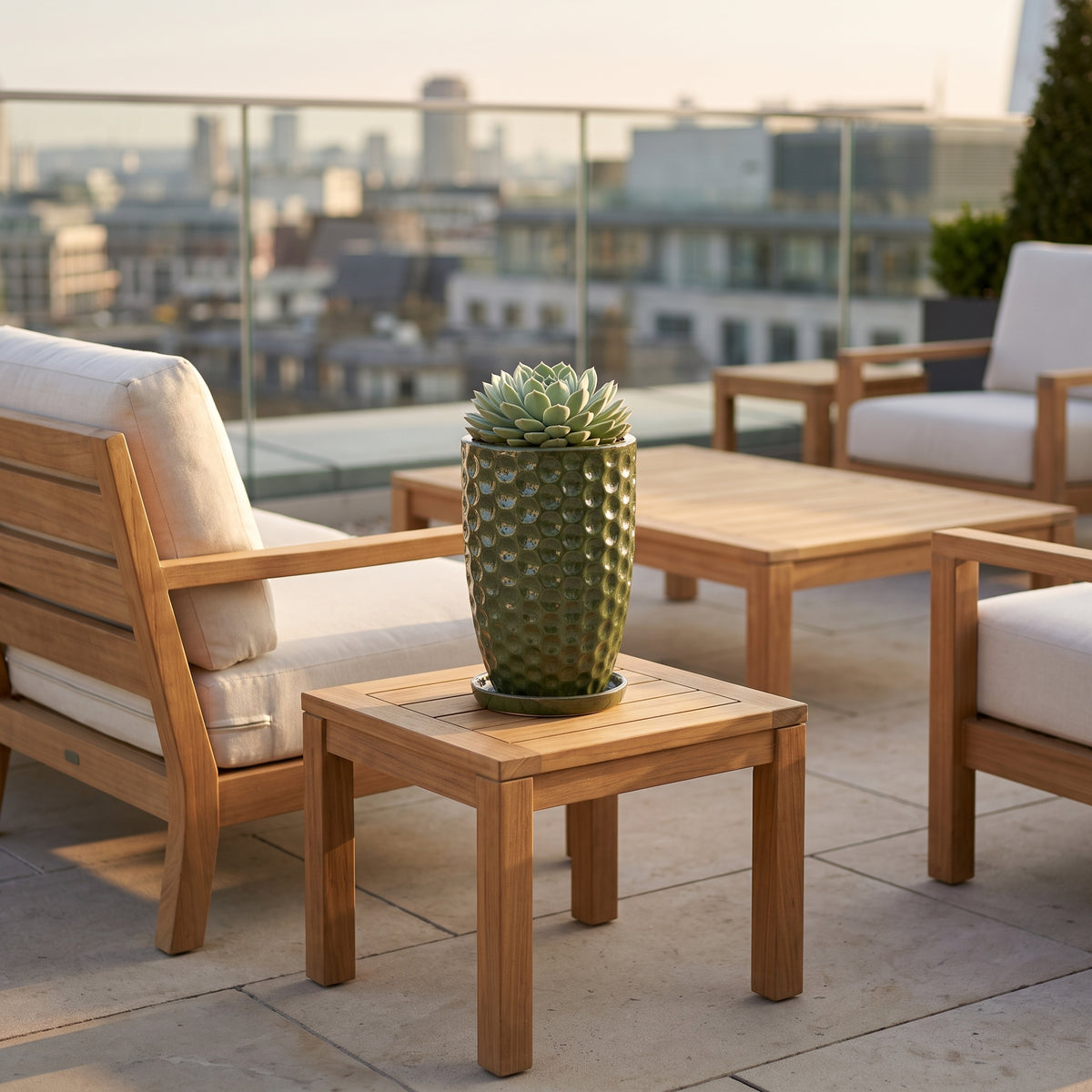 Merovee amphora-shaped planter 23x35 cm Tropical Green glazed ceramic, with succulent on a terrace table